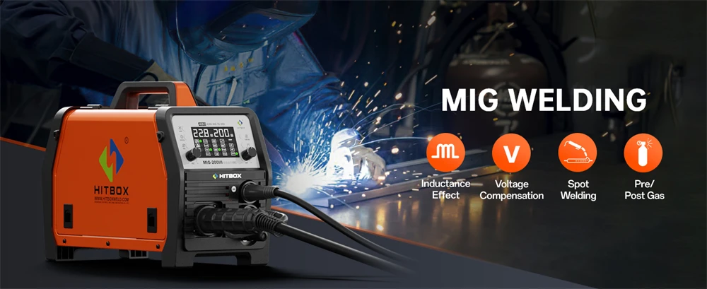 HITBOX MIG Welding Machine 220V 200 Amps 7 in 1 Stick ARC MMA Gasless/Gas MIG Lift TIG Spot Welder Support Spool Gun Single Pulse Aluminium Welder Large LED Digital Screen Inverter Welding Tool