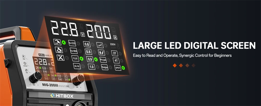 HITBOX MIG Welding Machine 220V 200 Amps 7 in 1 Stick ARC MMA Gasless/Gas MIG Lift TIG Spot Welder Support Spool Gun Single Pulse Aluminium Welder Large LED Digital Screen Inverter Welding Tool