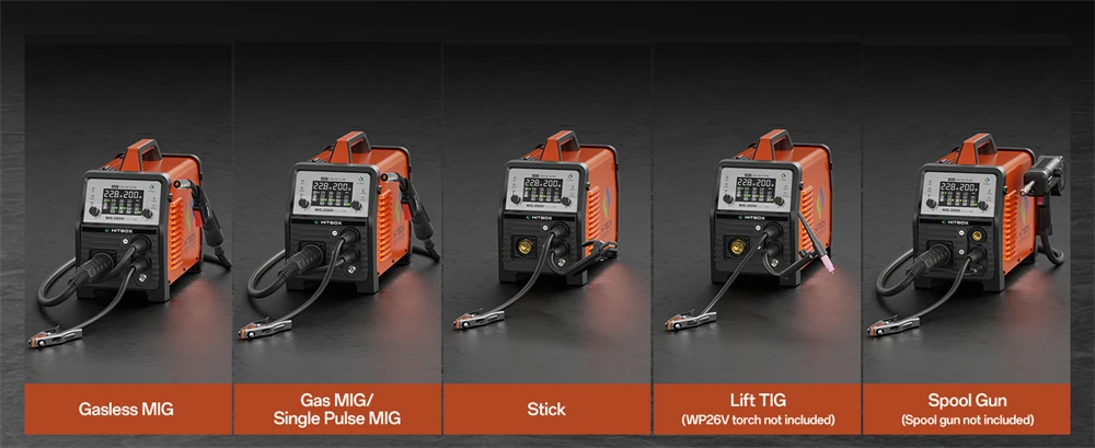 HITBOX MIG Welding Machine 220V 200 Amps 7 in 1 Stick ARC MMA Gasless/Gas MIG Lift TIG Spot Welder Support Spool Gun Single Pulse Aluminium Welder Large LED Digital Screen Inverter Welding Tool