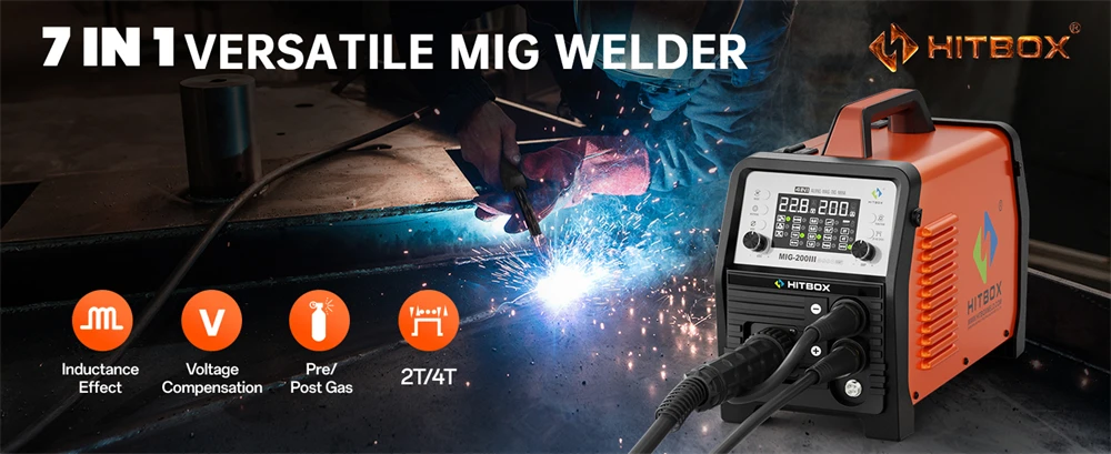 HITBOX MIG Welding Machine 220V 200 Amps 7 in 1 Stick ARC MMA Gasless/Gas MIG Lift TIG Spot Welder Support Spool Gun Single Pulse Aluminium Welder Large LED Digital Screen Inverter Welding Tool