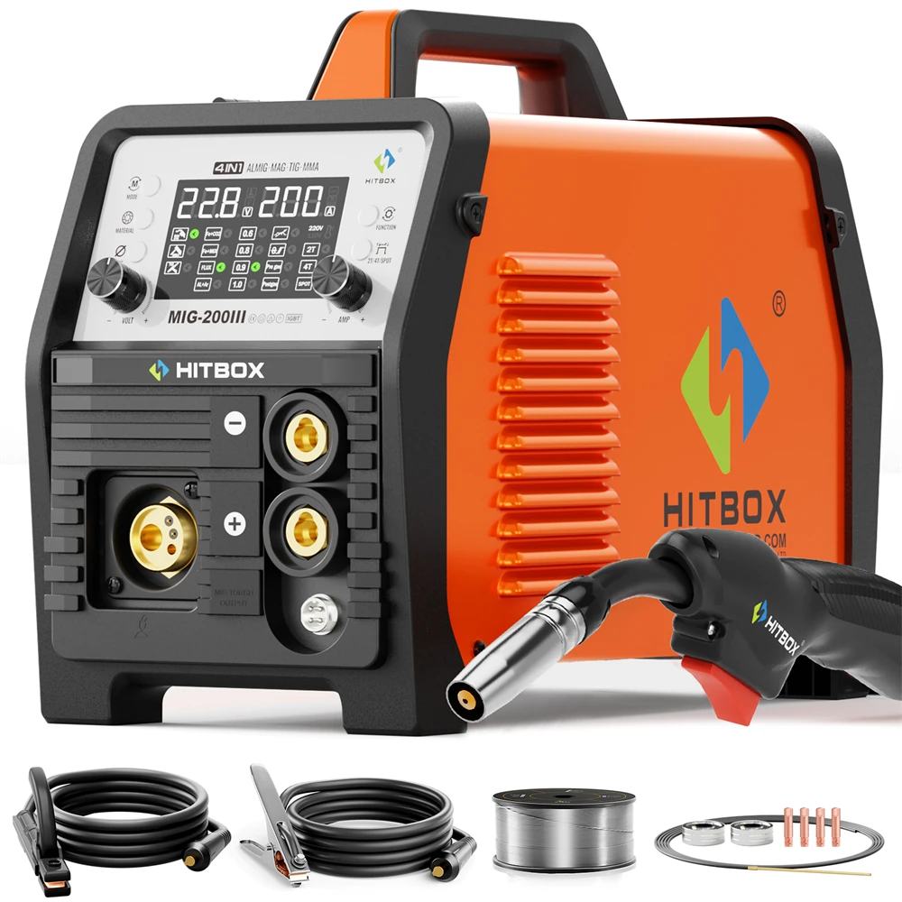 HITBOX MIG Welding Machine 220V 200 Amps 7 in 1 Stick ARC MMA Gasless/Gas MIG Lift TIG Spot Welder Support Spool Gun Single Pulse Aluminium Welder Large LED Digital Screen Inverter Welding Tool