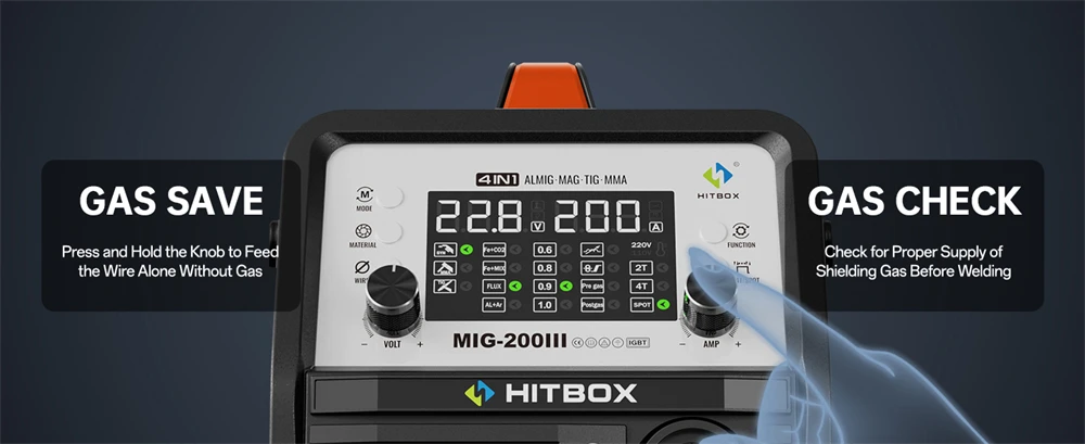 HITBOX MIG Welding Machine 220V 200 Amps 7 in 1 Stick ARC MMA Gasless/Gas MIG Lift TIG Spot Welder Support Spool Gun Single Pulse Aluminium Welder Large LED Digital Screen Inverter Welding Tool