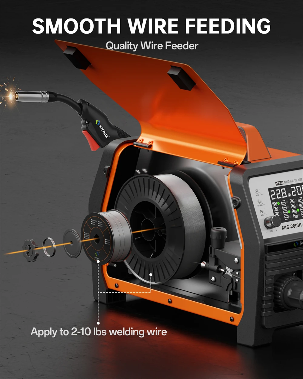 HITBOX MIG Welding Machine 220V 200 Amps 7 in 1 Stick ARC MMA Gasless/Gas MIG Lift TIG Spot Welder Support Spool Gun Single Pulse Aluminium Welder Large LED Digital Screen Inverter Welding Tool