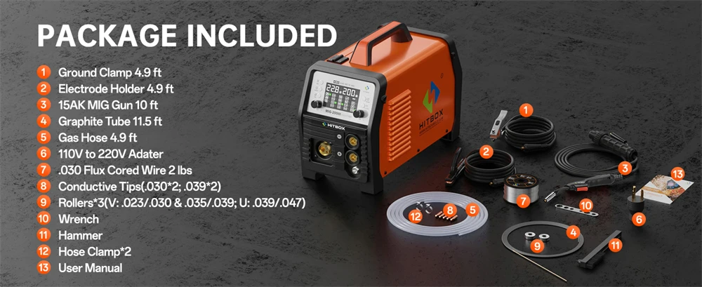 HITBOX MIG Welding Machine 220V 200 Amps 7 in 1 Stick ARC MMA Gasless/Gas MIG Lift TIG Spot Welder Support Spool Gun Single Pulse Aluminium Welder Large LED Digital Screen Inverter Welding Tool
