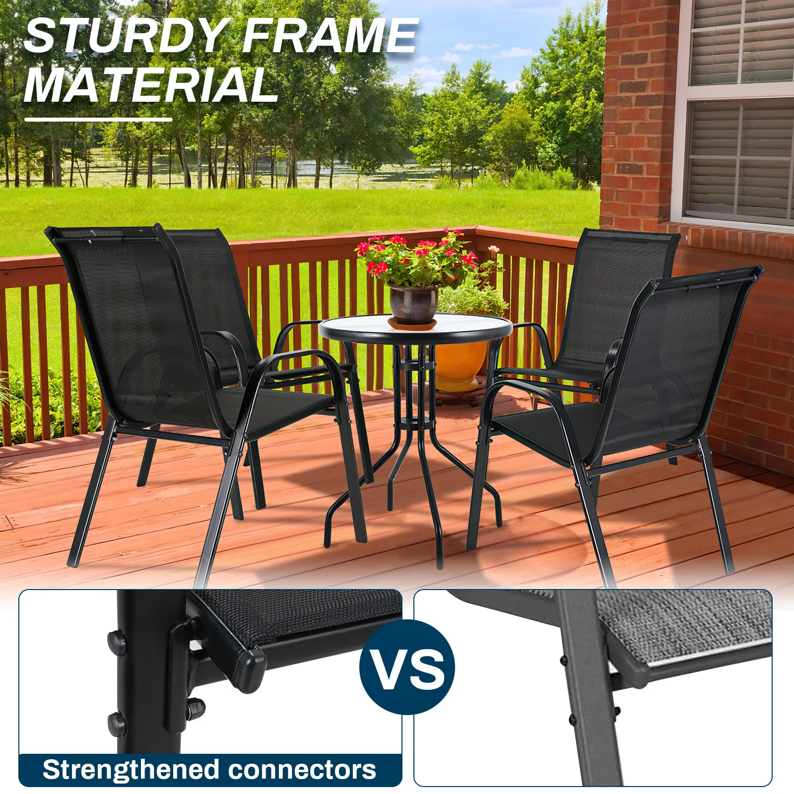 3 Pieces Patio Furniture Set Outdoor Stackable High-back Chairs and Glass Coffee Table for Lawn, Garden, Balcony, Poolside