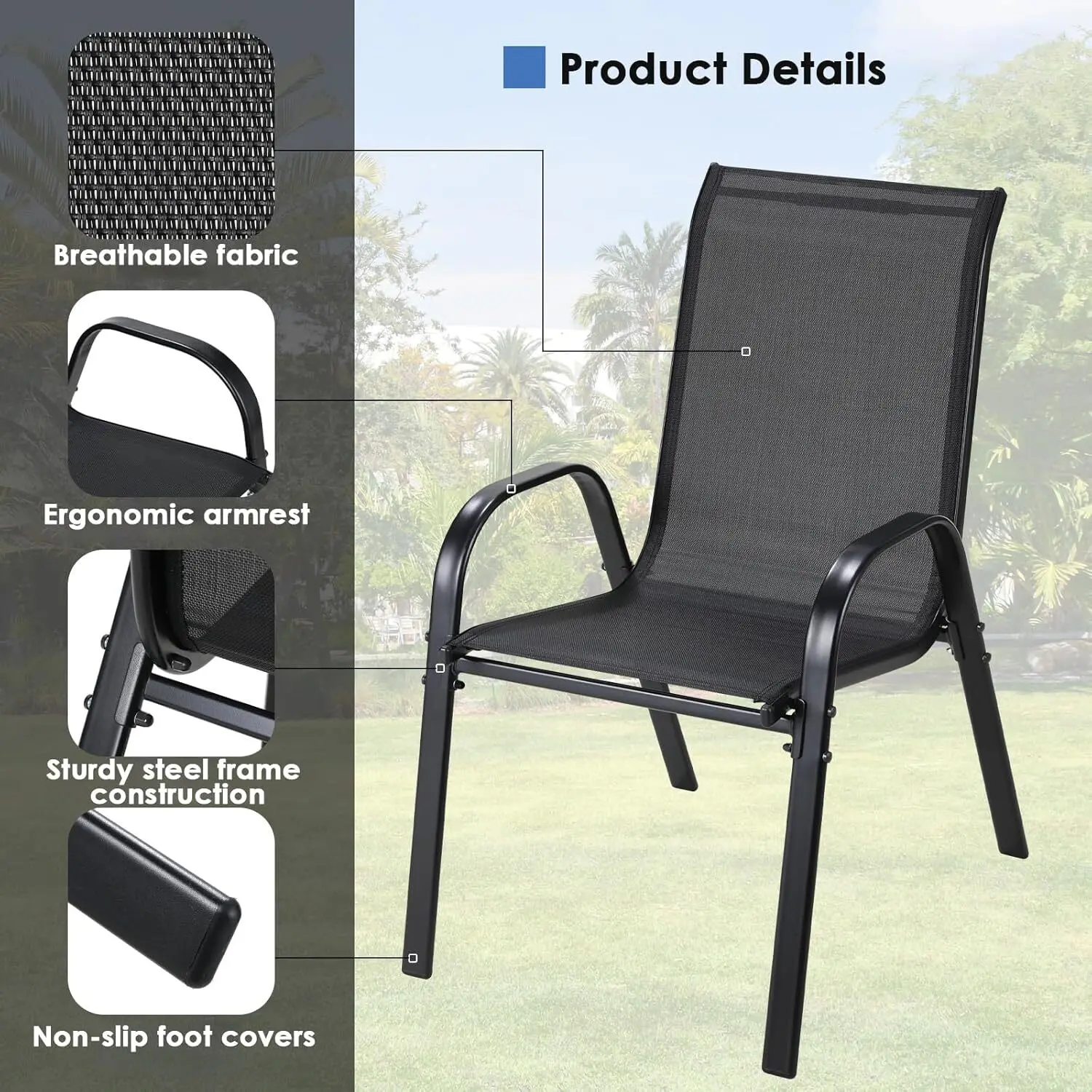 3 Pieces Patio Furniture Set Outdoor Stackable High-back Chairs and Glass Coffee Table for Lawn, Garden, Balcony, Poolside