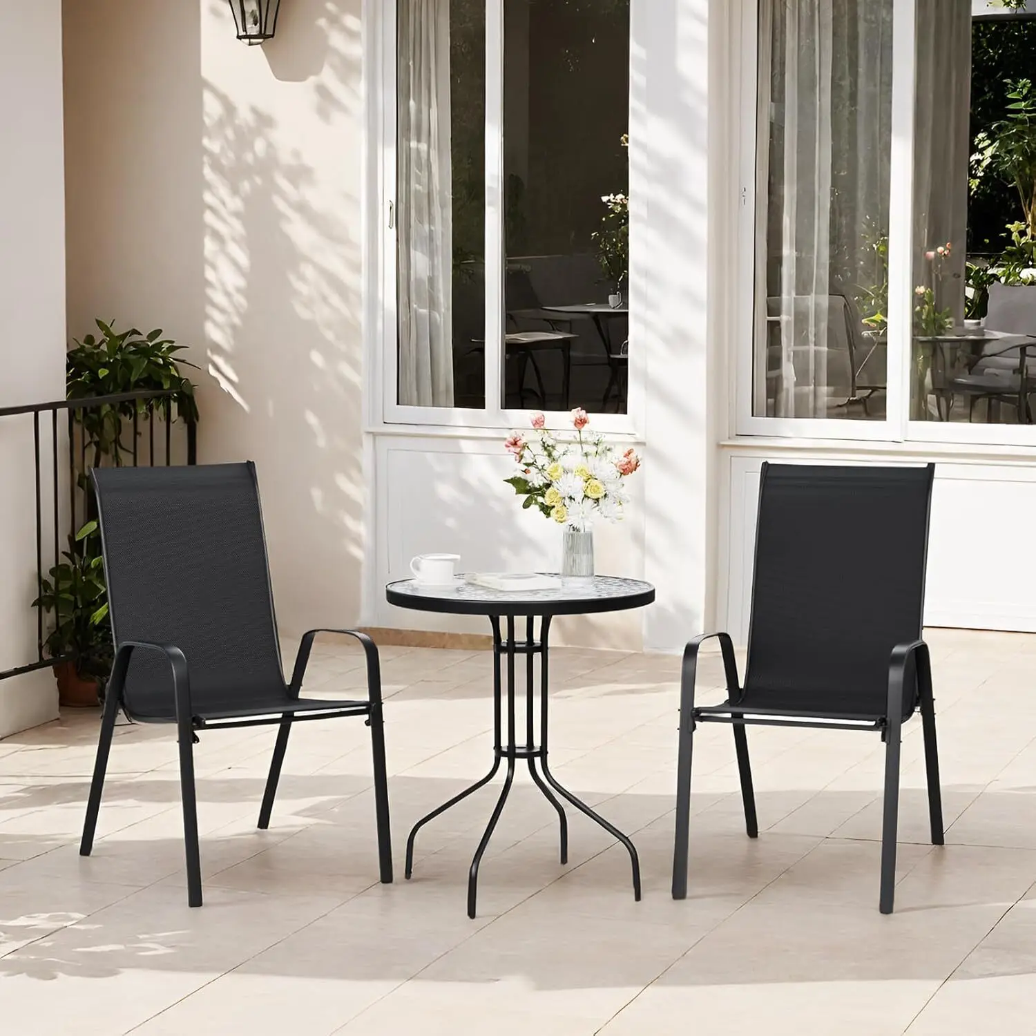 3 Pieces Patio Furniture Set Outdoor Stackable High-back Chairs and Glass Coffee Table for Lawn, Garden, Balcony, Poolside