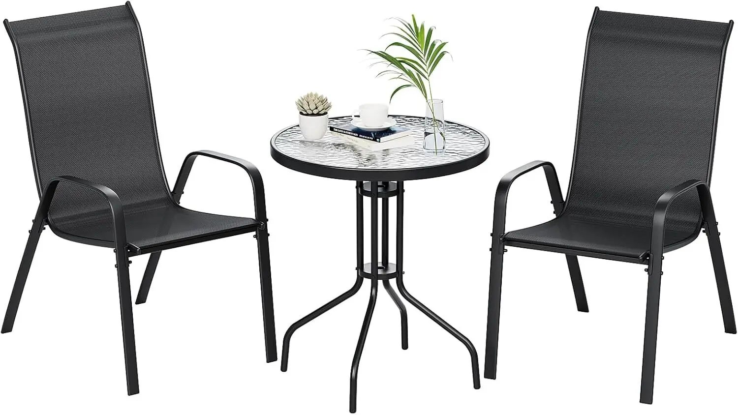 3 Pieces Patio Furniture Set Outdoor Stackable High-back Chairs and Glass Coffee Table for Lawn, Garden, Balcony, Poolside