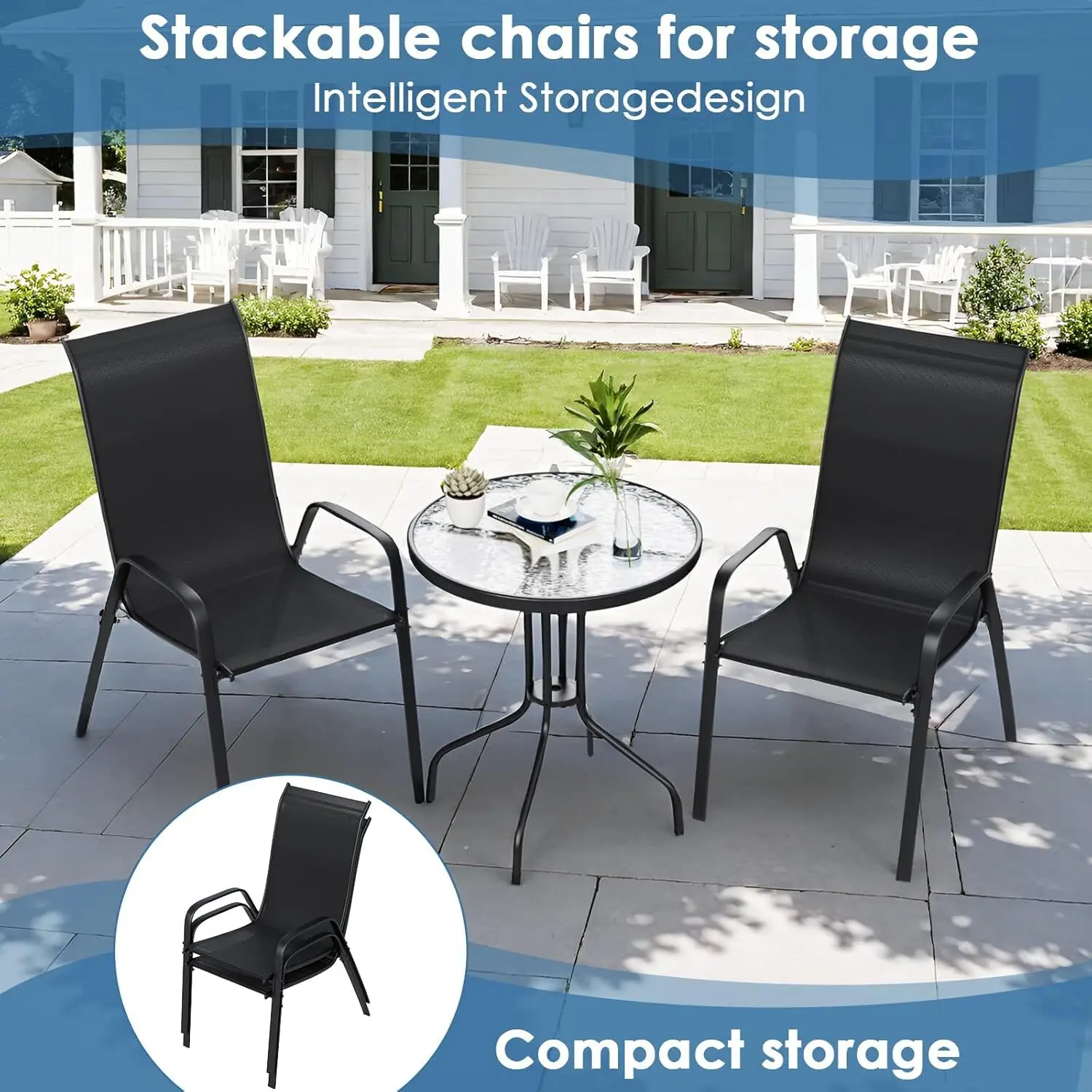 3 Pieces Patio Furniture Set Outdoor Stackable High-back Chairs and Glass Coffee Table for Lawn, Garden, Balcony, Poolside