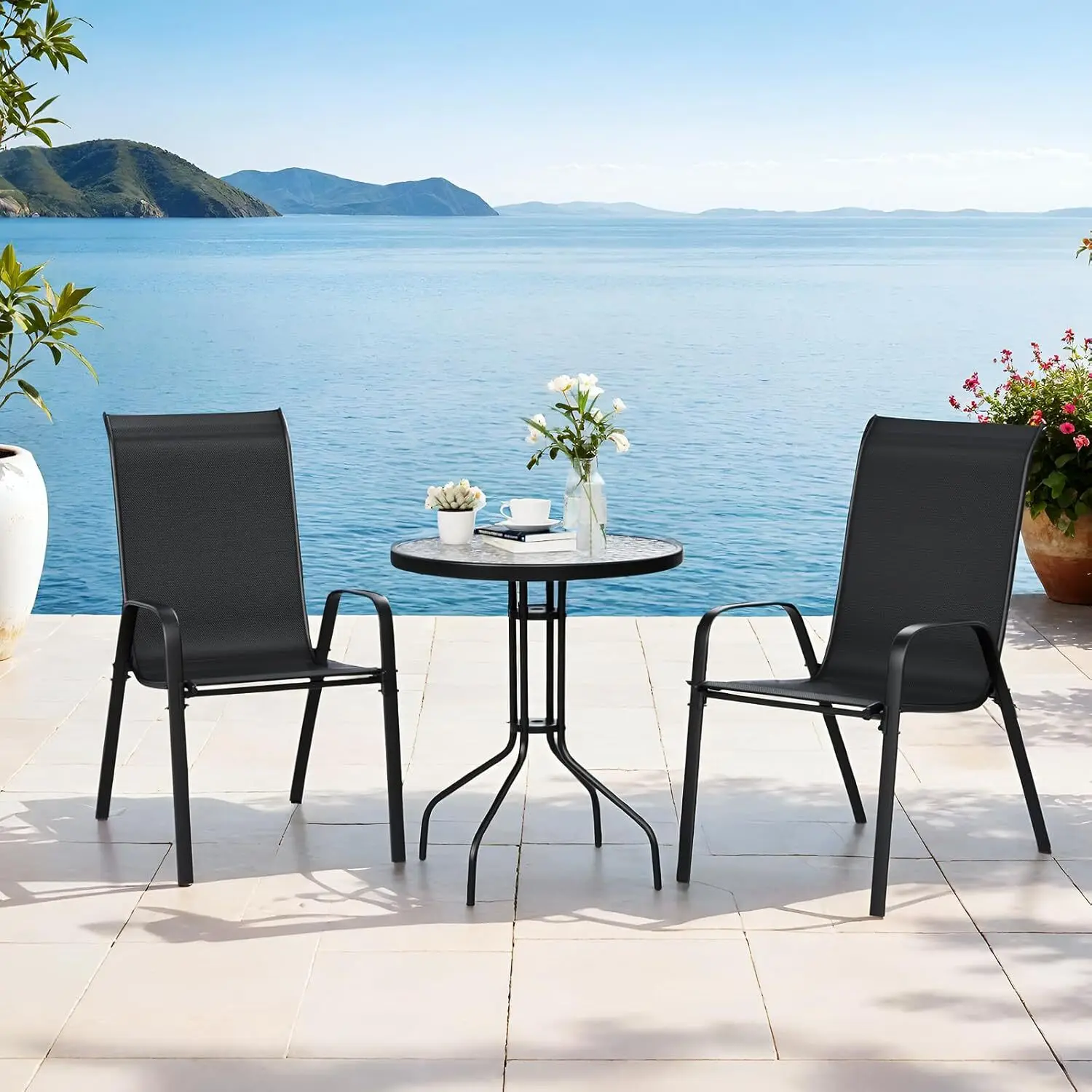 3 Pieces Patio Furniture Set Outdoor Stackable High-back Chairs and Glass Coffee Table for Lawn, Garden, Balcony, Poolside