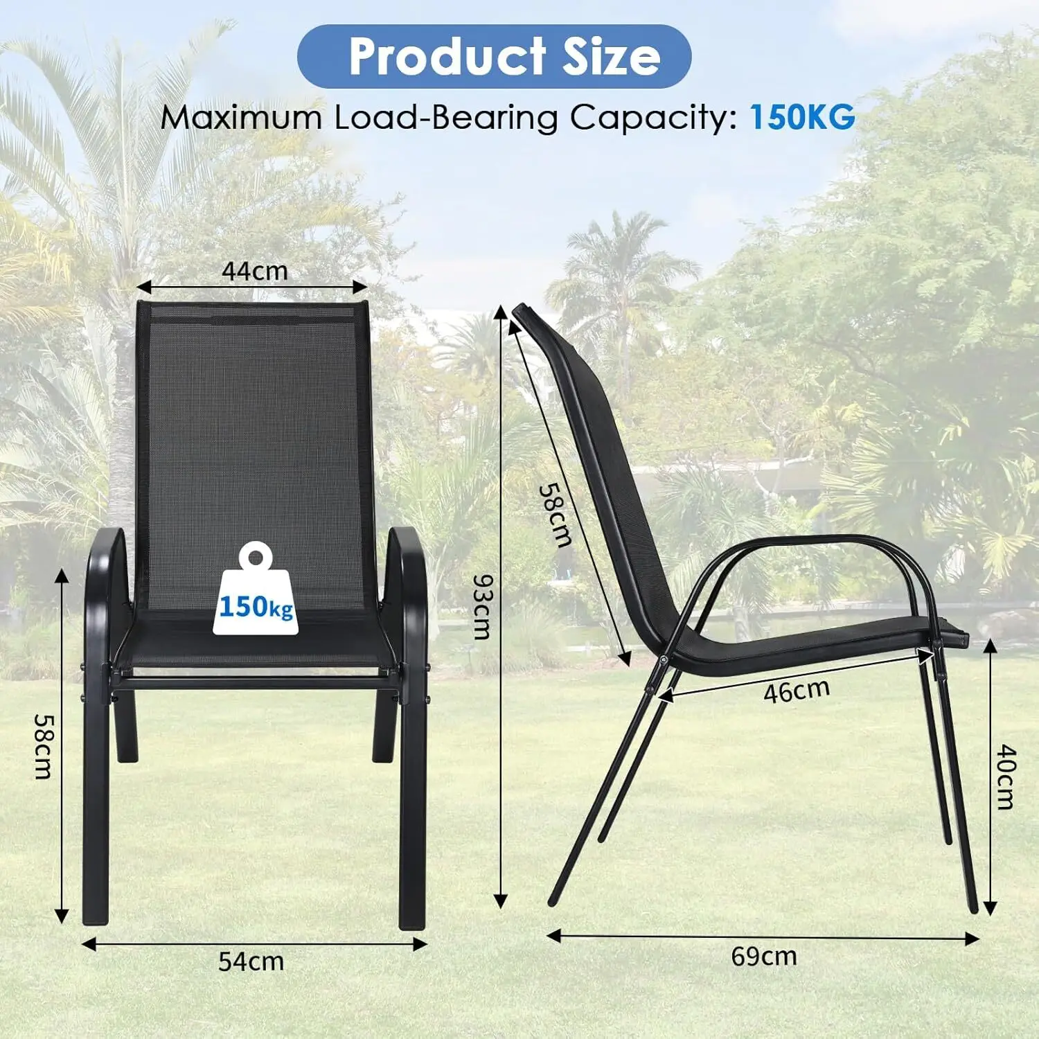 3 Pieces Patio Furniture Set Outdoor Stackable High-back Chairs and Glass Coffee Table for Lawn, Garden, Balcony, Poolside