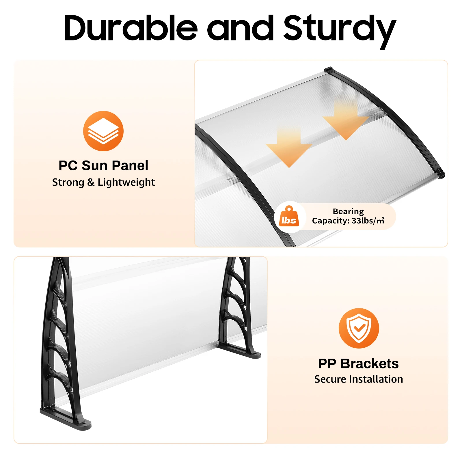 200cm PC, PP Canopy Front Door, Rectangle, Arc Polycarbonate Transparent Front Door for Installation Above Doorways, Windows