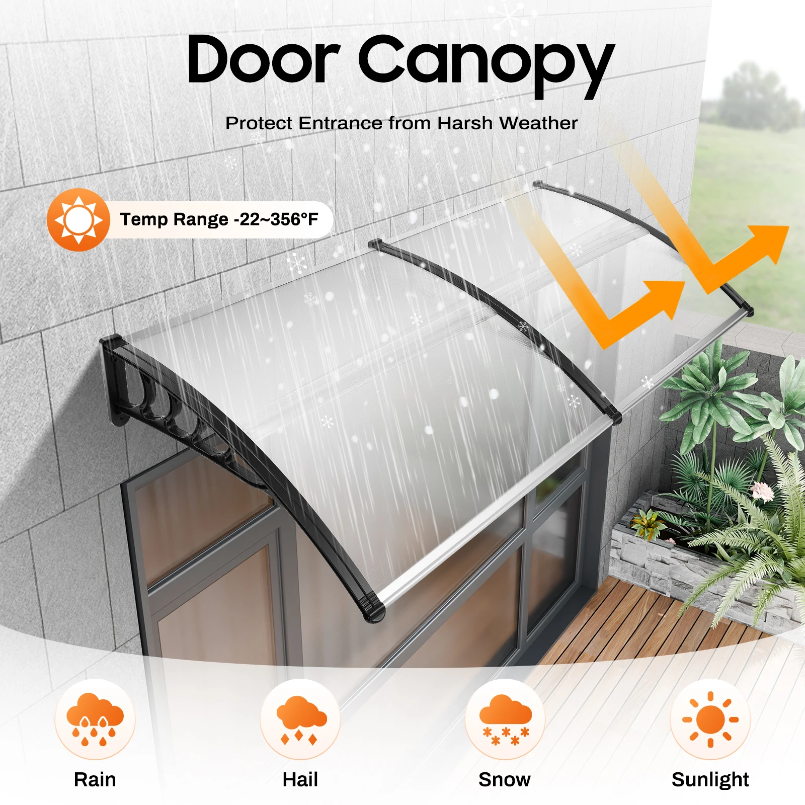 200cm PC, PP Canopy Front Door, Rectangle, Arc Polycarbonate Transparent Front Door for Installation Above Doorways, Windows