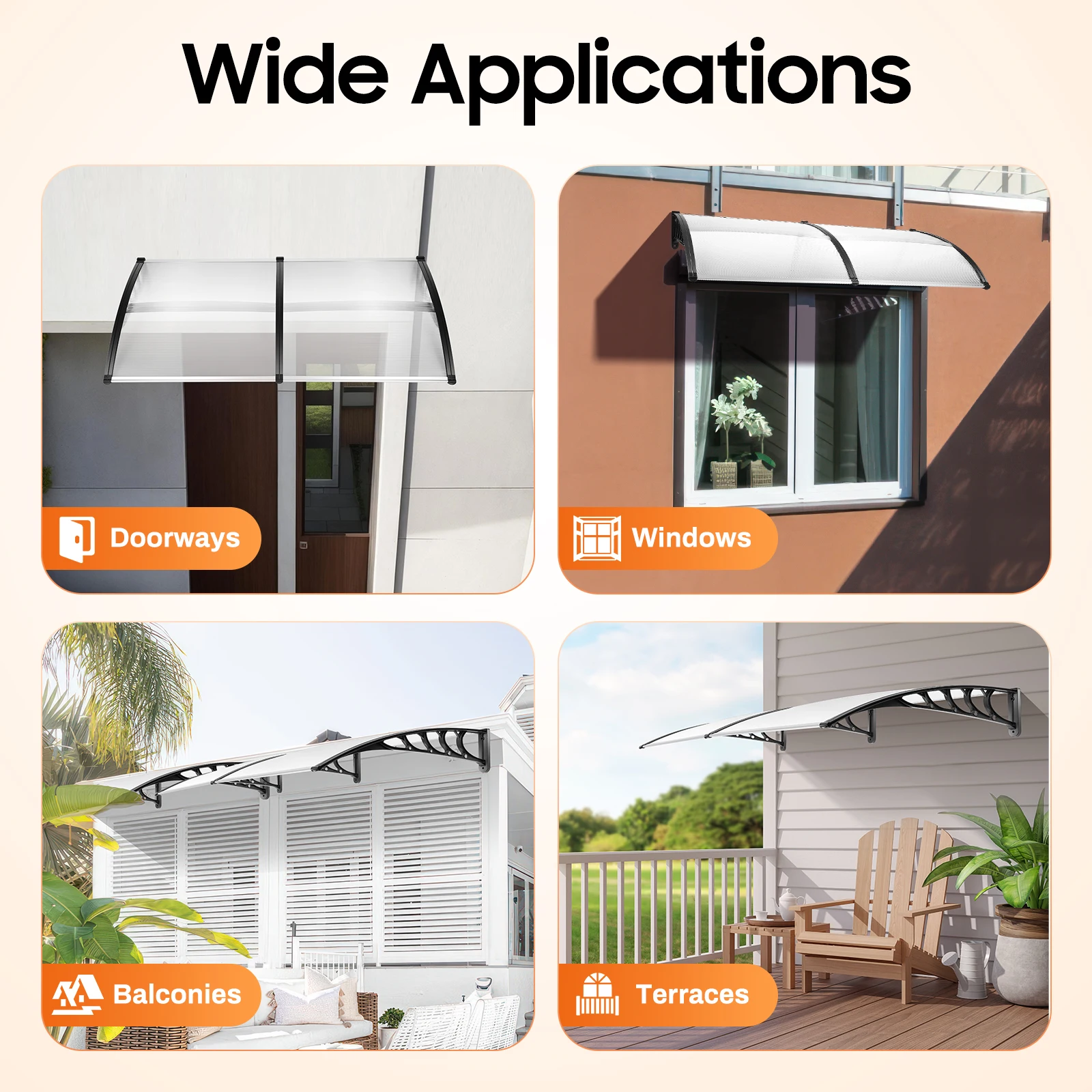 200cm PC, PP Canopy Front Door, Rectangle, Arc Polycarbonate Transparent Front Door for Installation Above Doorways, Windows