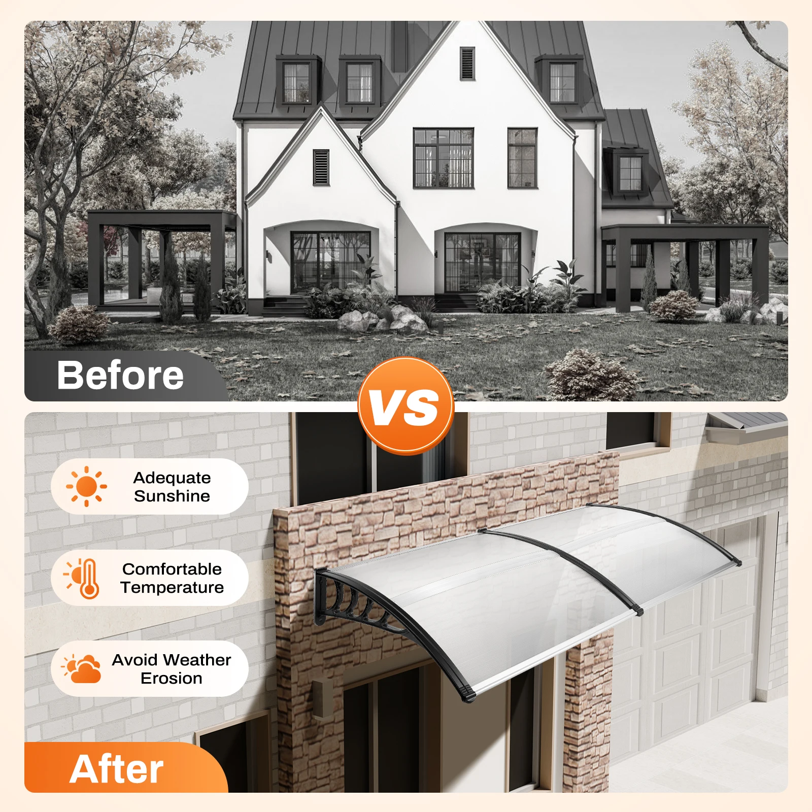 200cm PC, PP Canopy Front Door, Rectangle, Arc Polycarbonate Transparent Front Door for Installation Above Doorways, Windows