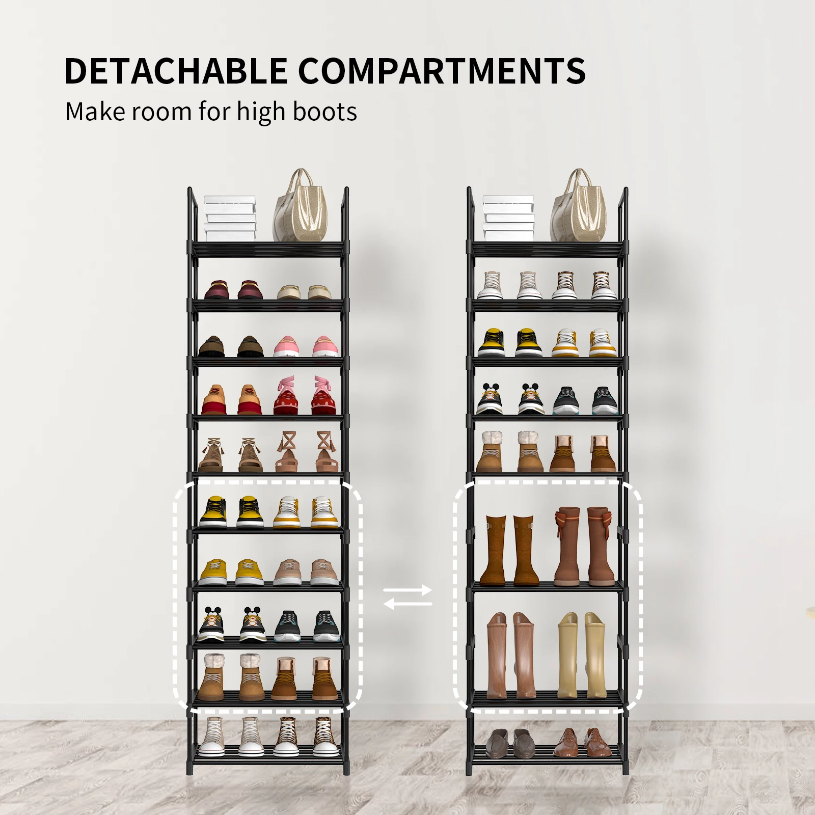 EFAN Shoe Rack, 10-Tier Metal Shoe Storage Organiser, Customisable Design, Metal Frame, Space-Saving Rack, for Room, Hallway