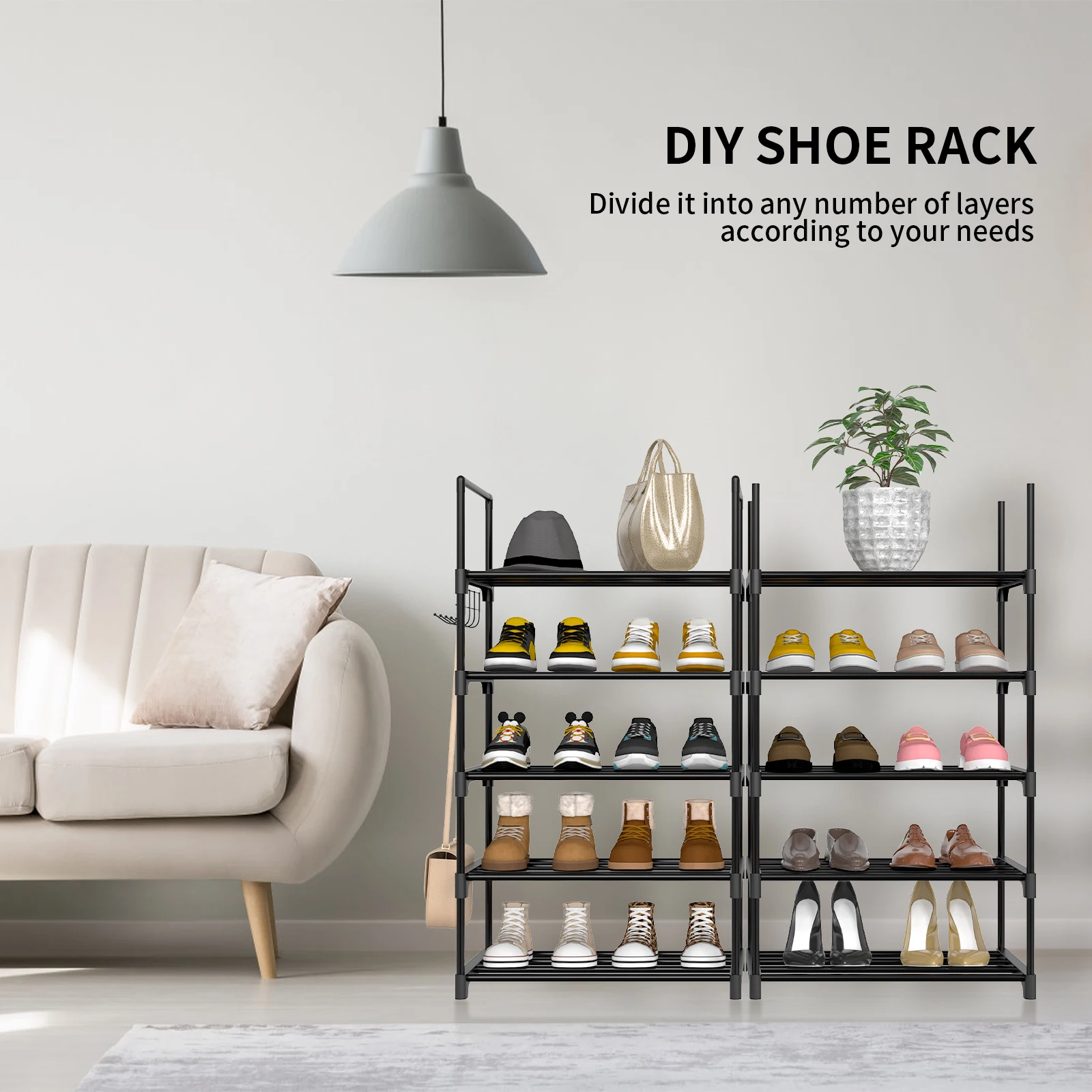EFAN Shoe Rack, 10-Tier Metal Shoe Storage Organiser, Customisable Design, Metal Frame, Space-Saving Rack, for Room, Hallway