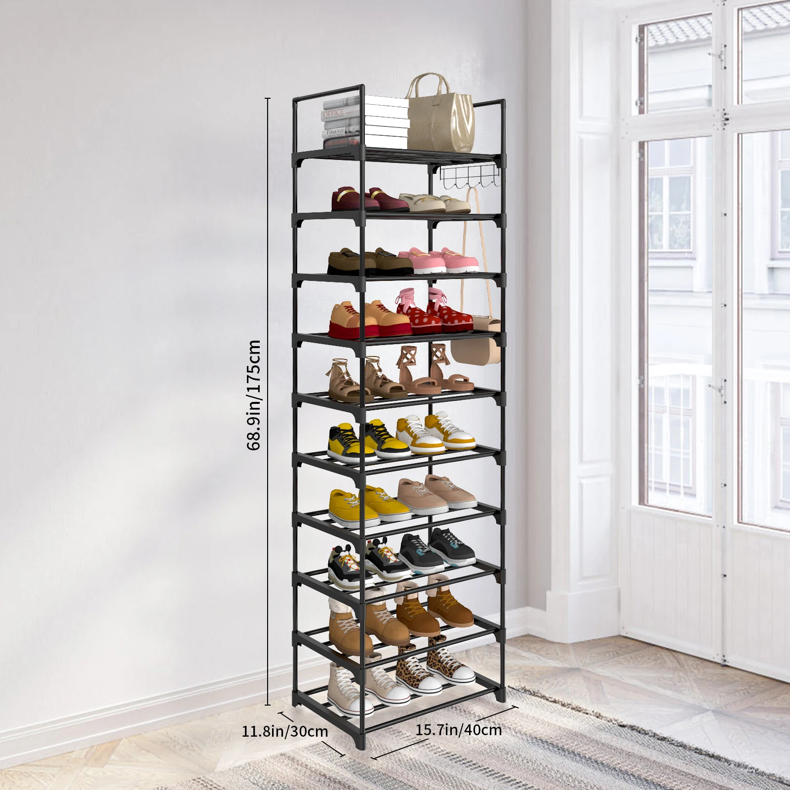 EFAN Shoe Rack, 10-Tier Metal Shoe Storage Organiser, Customisable Design, Metal Frame, Space-Saving Rack, for Room, Hallway