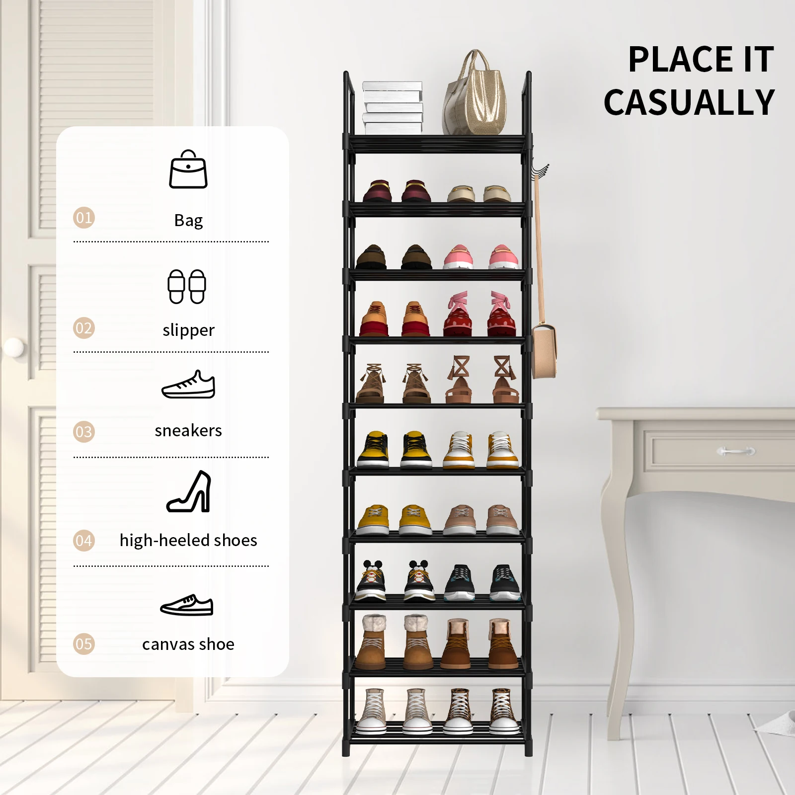 EFAN Shoe Rack, 10-Tier Metal Shoe Storage Organiser, Customisable Design, Metal Frame, Space-Saving Rack, for Room, Hallway