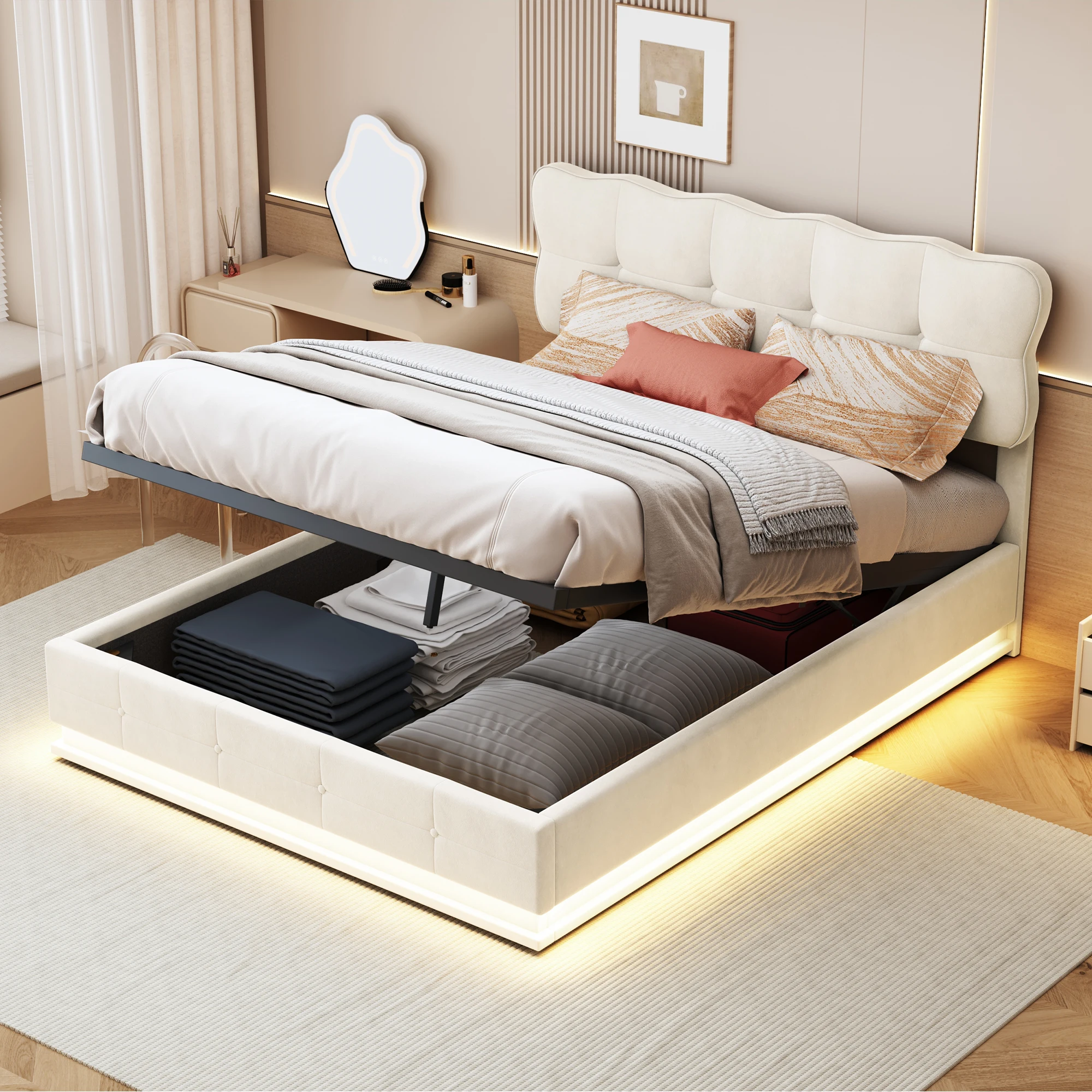 Rosahqnda Double Bed140x200 cm,LED Lighting Bed with Storage Space,Upholstered Bed,Hydraulic Storage Bed,Velvet,Without Mattress