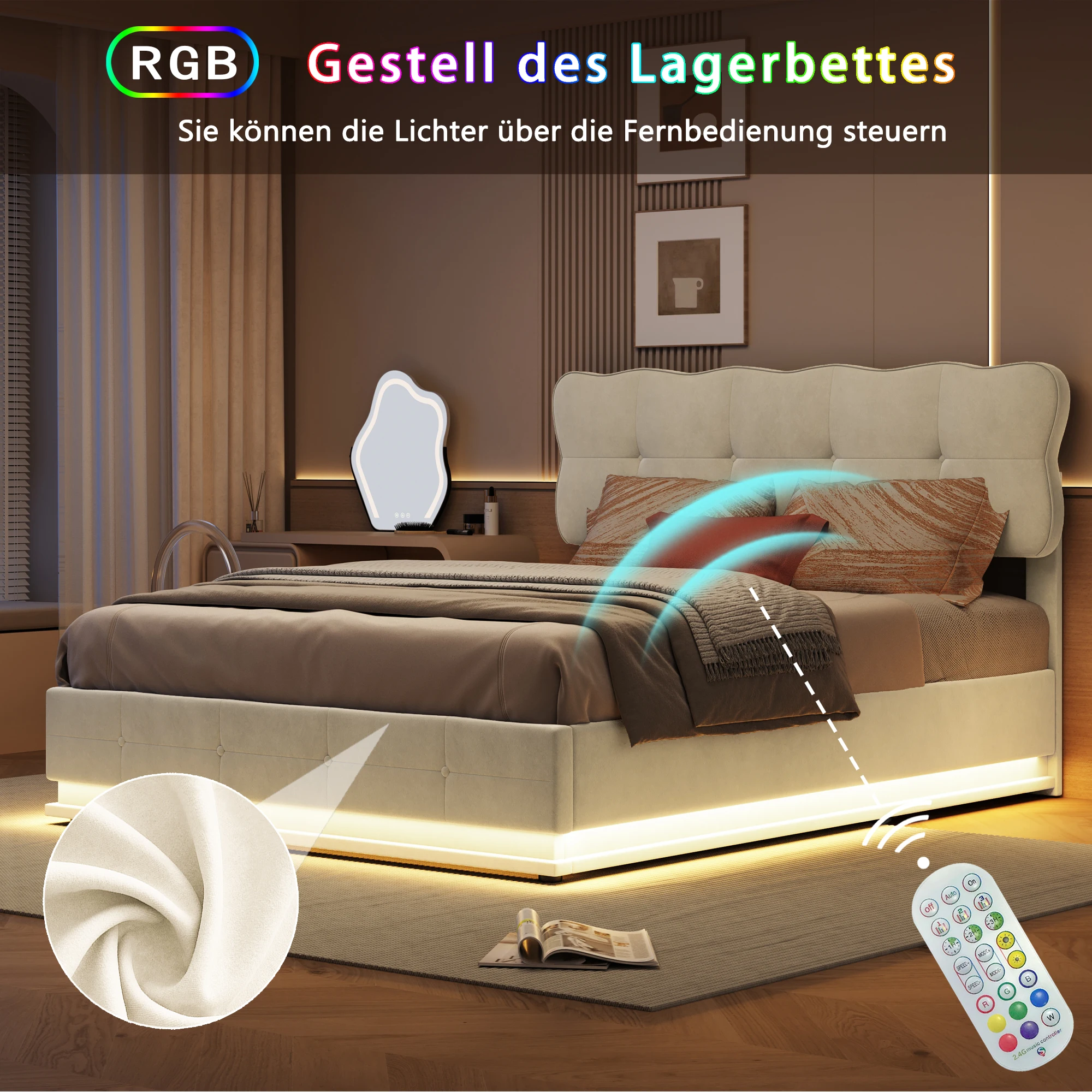 Rosahqnda Double Bed140x200 cm,LED Lighting Bed with Storage Space,Upholstered Bed,Hydraulic Storage Bed,Velvet,Without Mattress