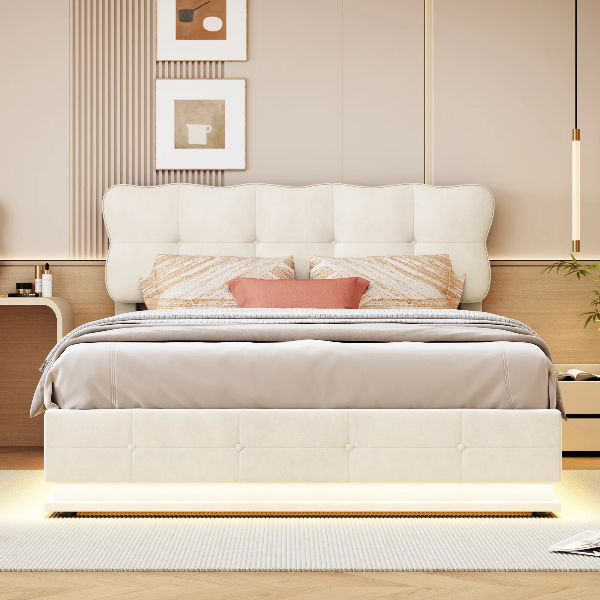 Rosahqnda Double Bed140x200 cm,LED Lighting Bed with Storage Space,Upholstered Bed,Hydraulic Storage Bed,Velvet,Without Mattress