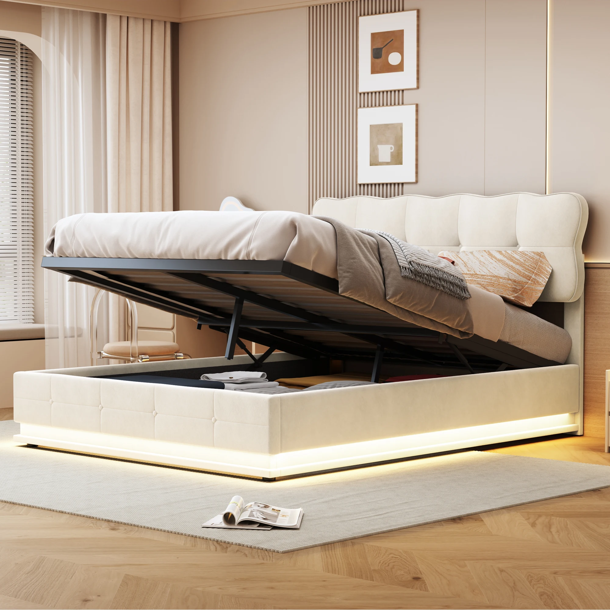Rosahqnda Double Bed140x200 cm,LED Lighting Bed with Storage Space,Upholstered Bed,Hydraulic Storage Bed,Velvet,Without Mattress