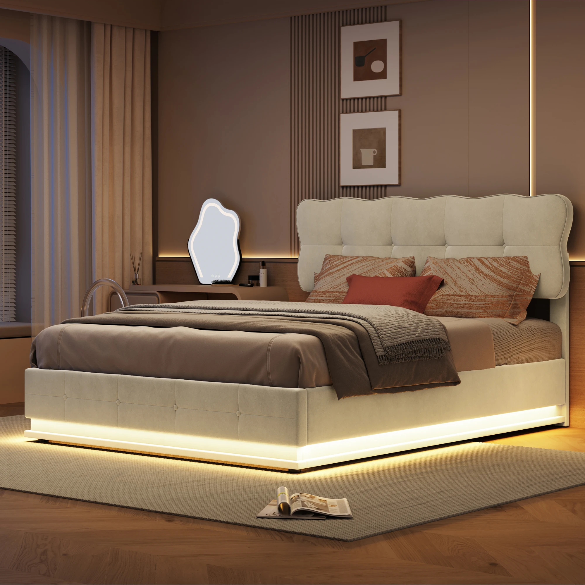 Rosahqnda Double Bed140x200 cm,LED Lighting Bed with Storage Space,Upholstered Bed,Hydraulic Storage Bed,Velvet,Without Mattress