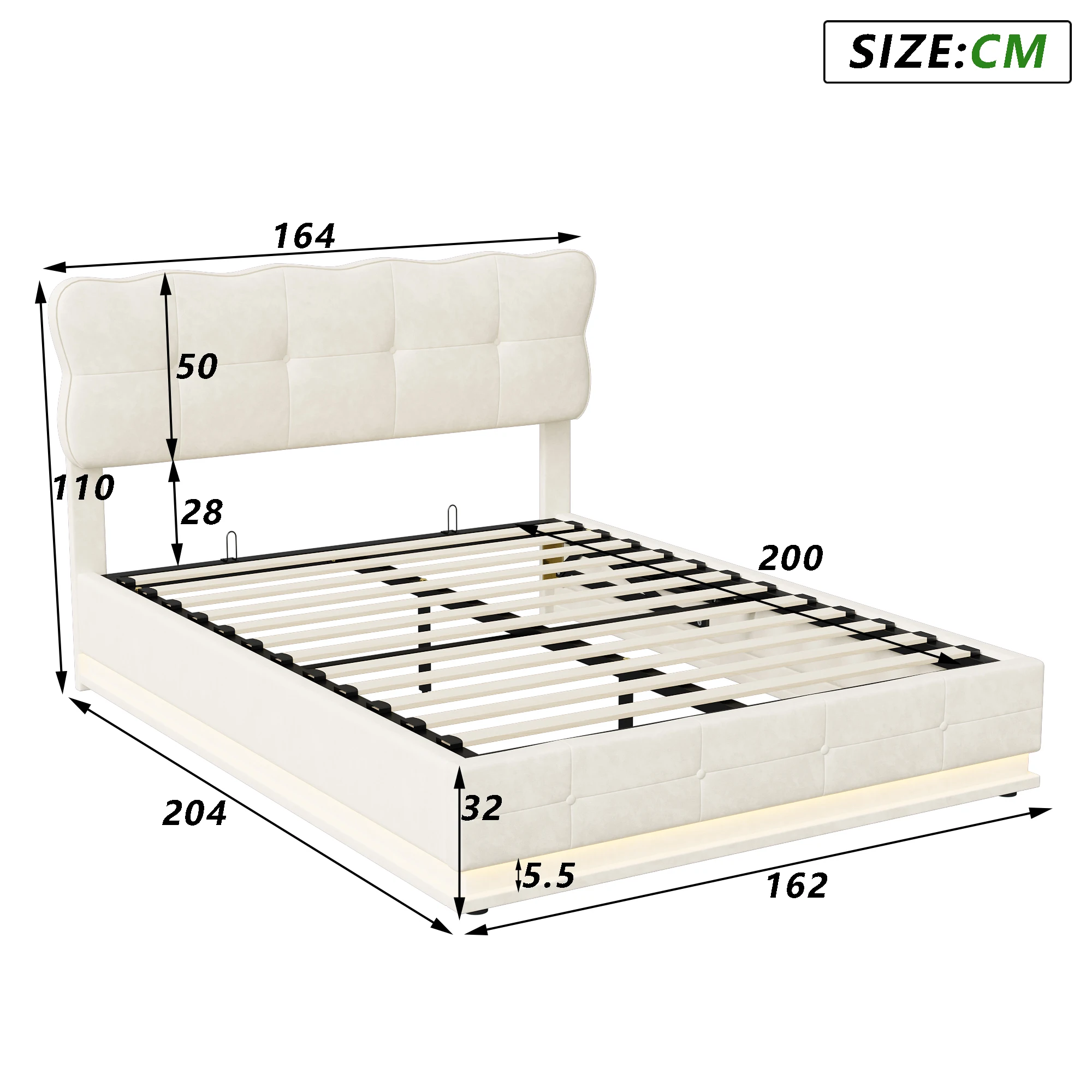 Rosahqnda Double Bed140x200 cm,LED Lighting Bed with Storage Space,Upholstered Bed,Hydraulic Storage Bed,Velvet,Without Mattress