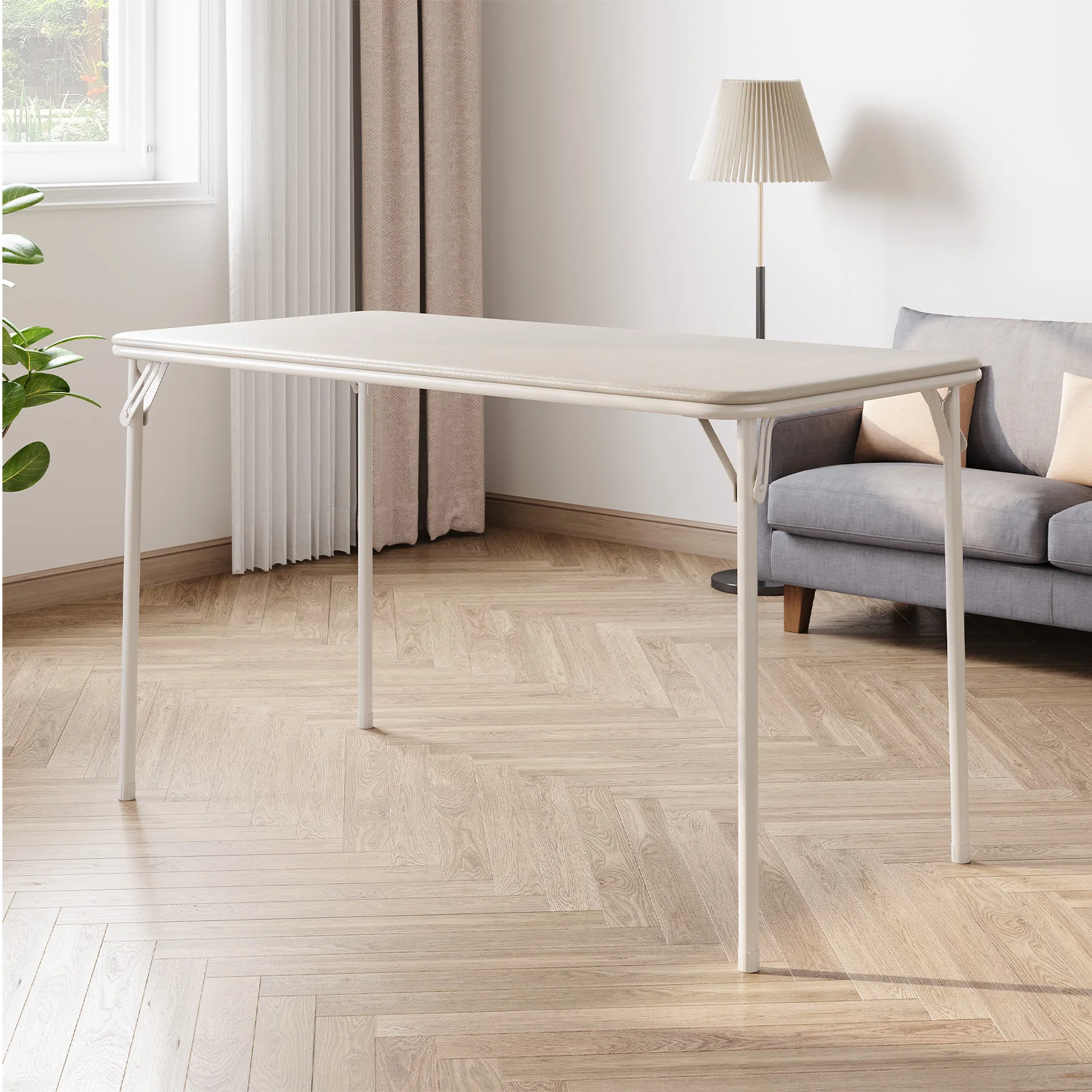 Portable Folding Card Rectangle Table with Sturdy Metal Frame, PU Leather Upholstered Tabletop for Dining Room Outdoor Camping