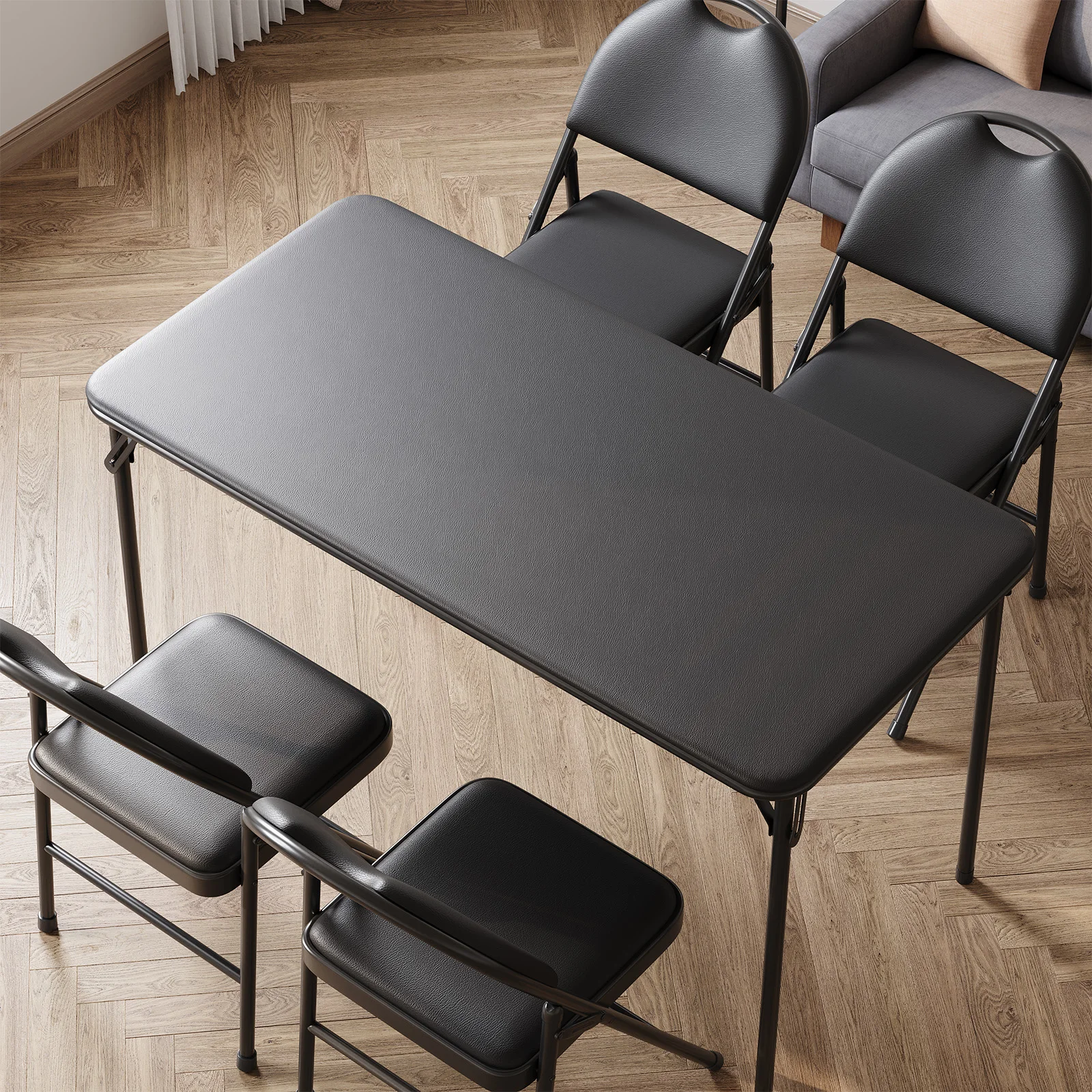 Portable Folding Card Rectangle Table with Sturdy Metal Frame, PU Leather Upholstered Tabletop for Dining Room Outdoor Camping