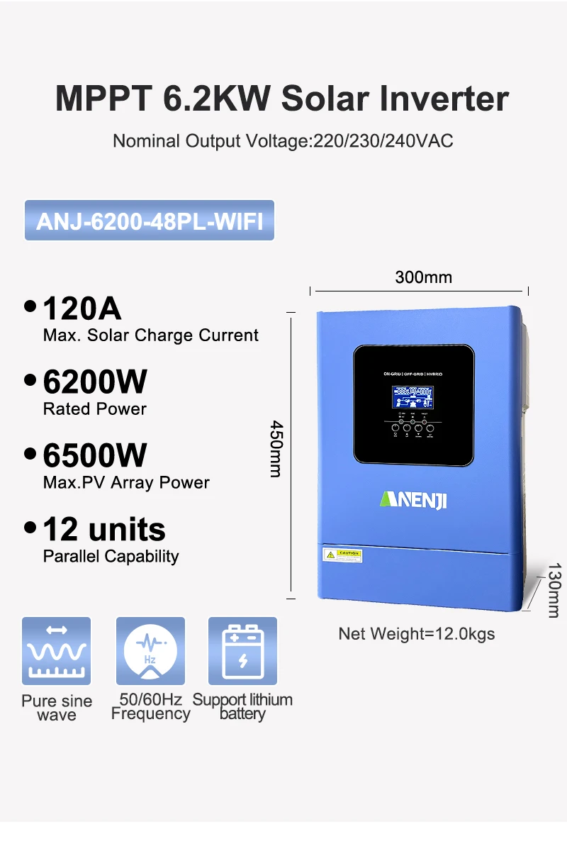 6.2KW 48V Hybrid Solar Inverter Parallel Photovoltaic On Grid MPPT Inverter Pure Sine 220V 120A Solar Charger with Wifi PV 500V
