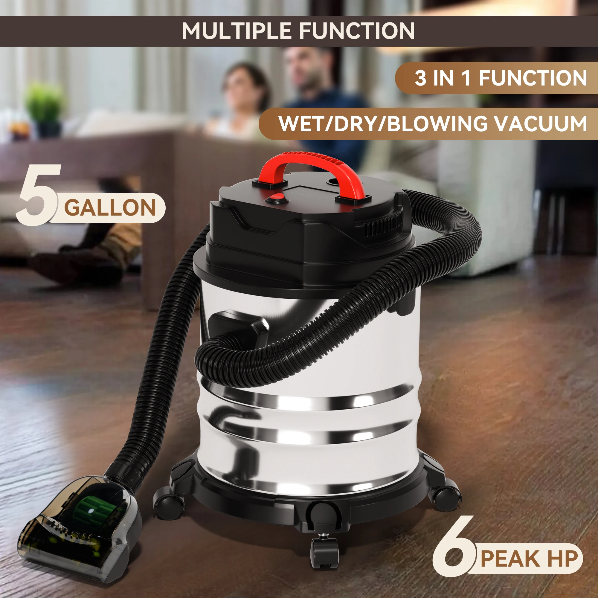 Wet Dry Vacuum Cleaner with 5 Gallon Steel Stainless Canister Tank, Construction Vacuum Cleaner 1800W for Carpet Curtains