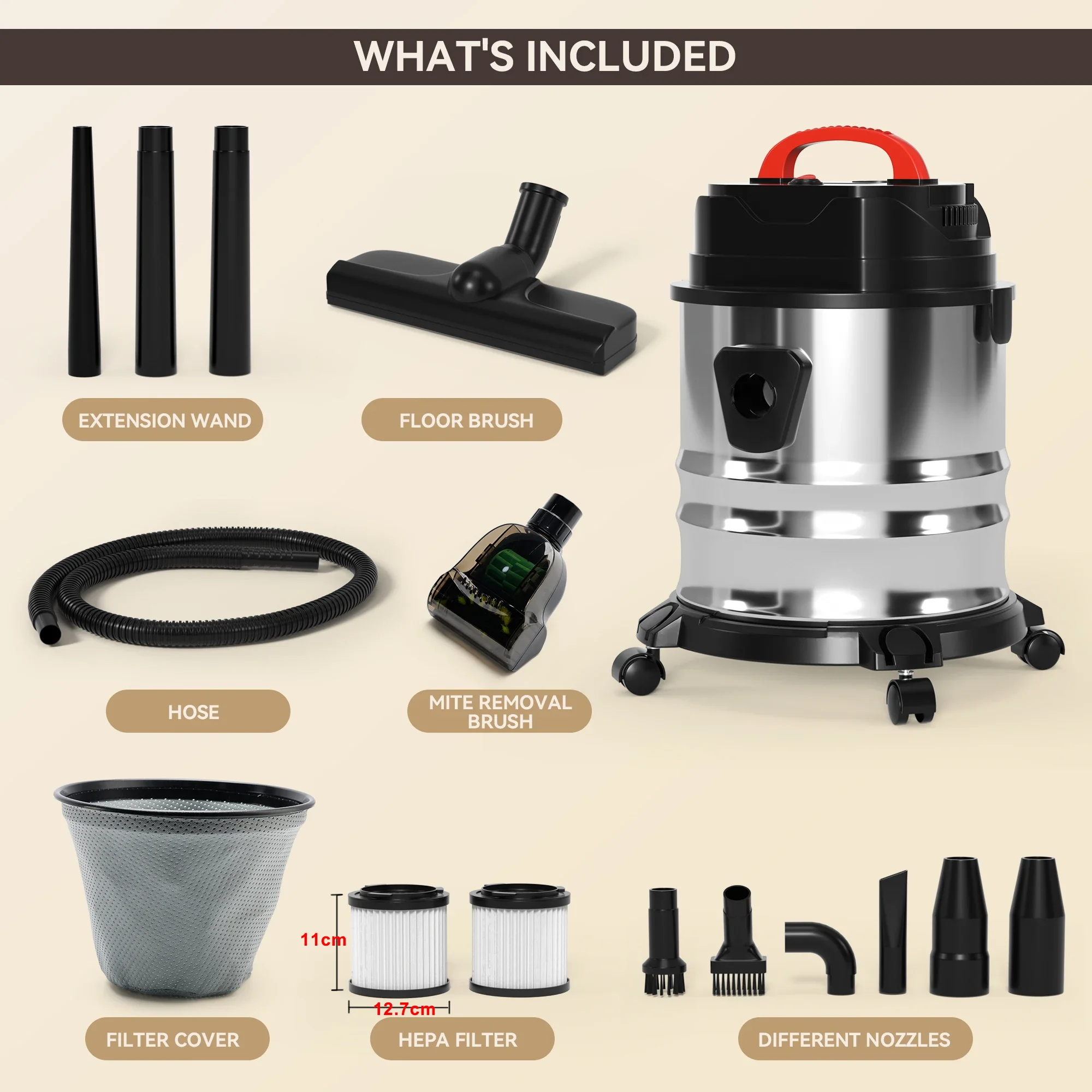 Wet Dry Vacuum Cleaner with 5 Gallon Steel Stainless Canister Tank, Construction Vacuum Cleaner 1800W for Carpet Curtains