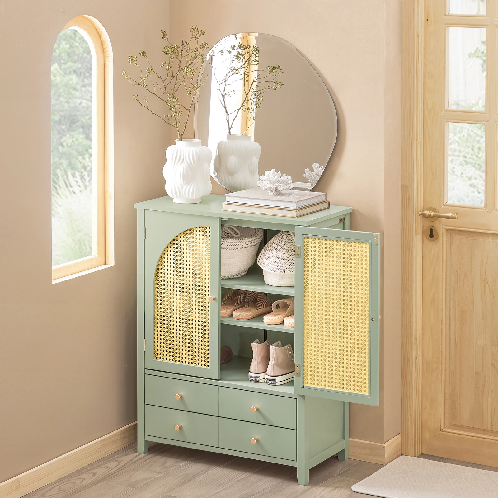 SoBuy FSB72-GR shoe wardrobe kitchen wardrobe sideboard with grid look doors wardrobe buffet storage s wardrobe dresser Green