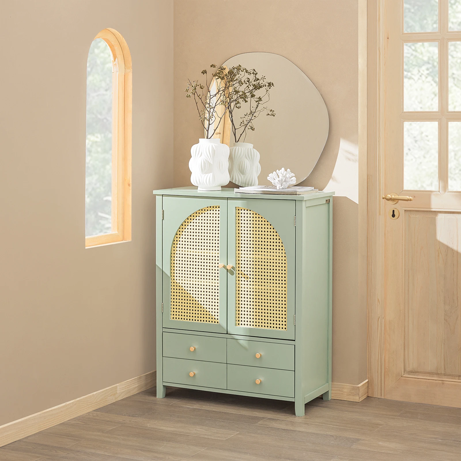 SoBuy FSB72-GR shoe wardrobe kitchen wardrobe sideboard with grid look doors wardrobe buffet storage s wardrobe dresser Green