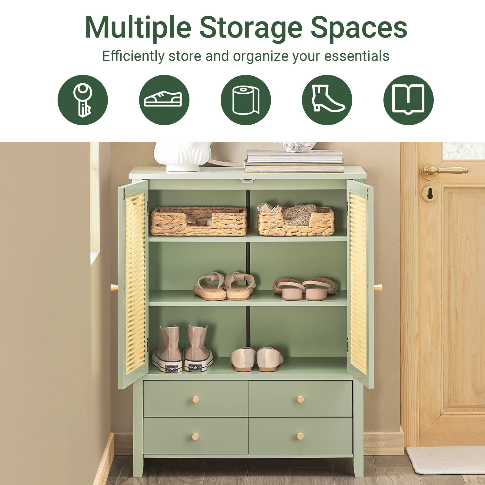 SoBuy FSB72-GR shoe wardrobe kitchen wardrobe sideboard with grid look doors wardrobe buffet storage s wardrobe dresser Green