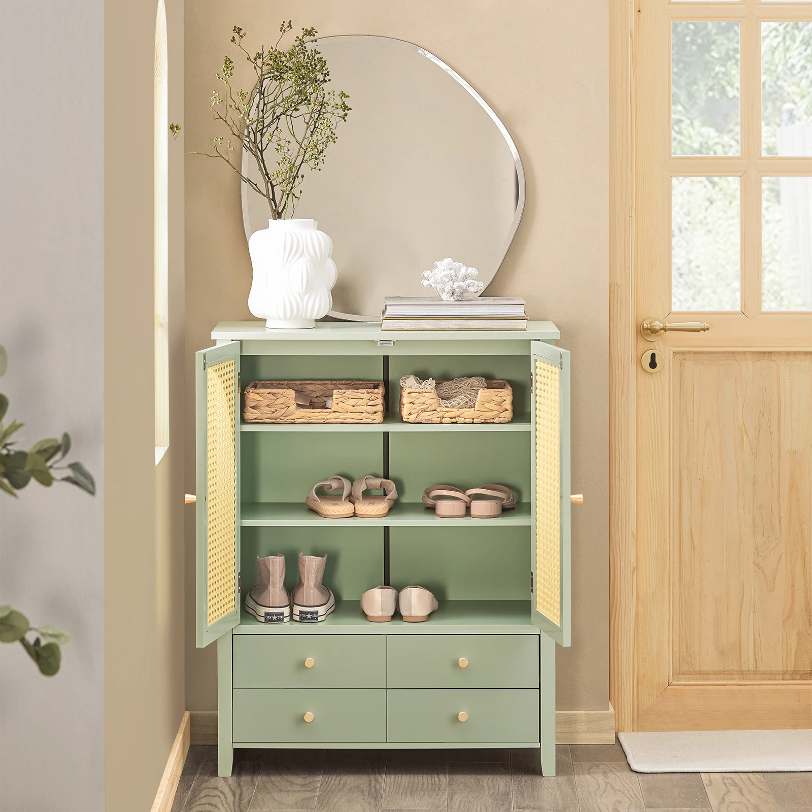 SoBuy FSB72-GR shoe wardrobe kitchen wardrobe sideboard with grid look doors wardrobe buffet storage s wardrobe dresser Green