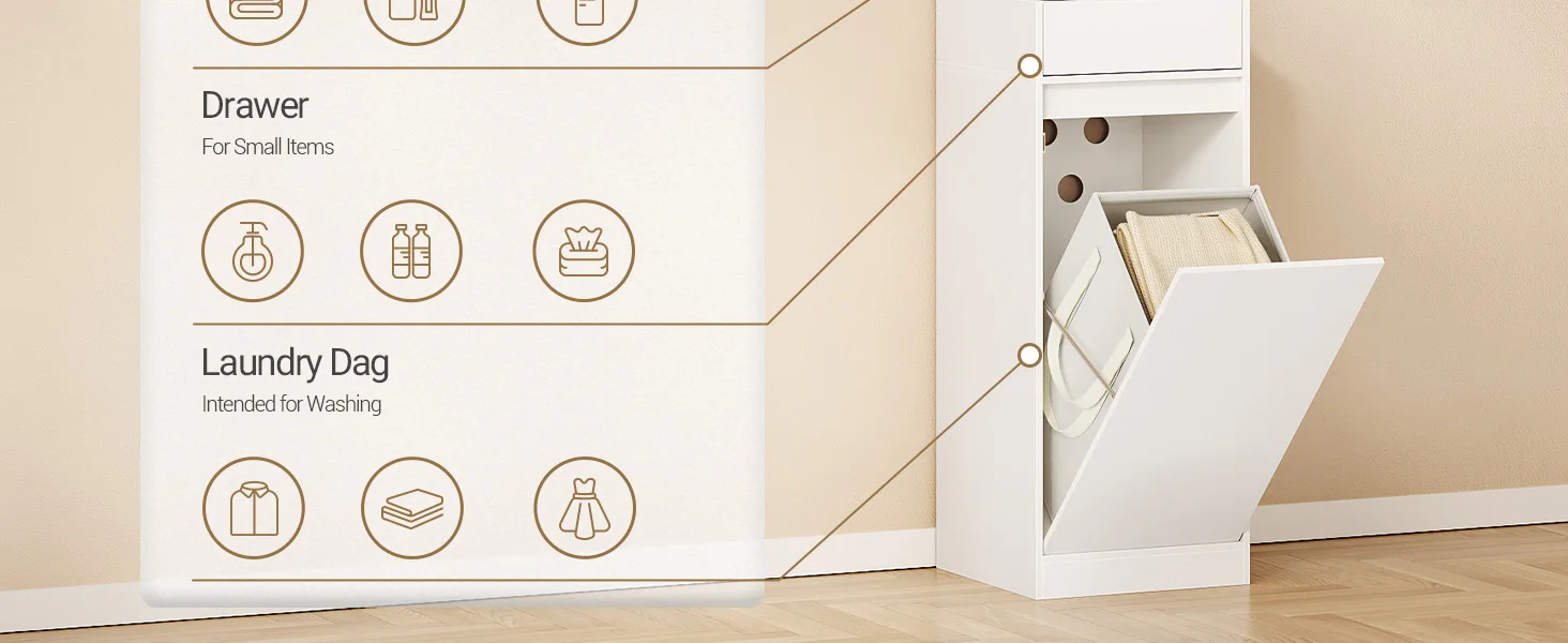 Bathroom Cabinet with Laundry Basket, Tall Bathroom Cabinet, Laundry Bag, with Foldable Laundry Basket, Door and Drawer