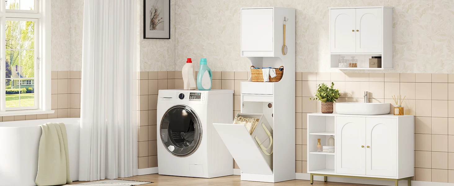 Bathroom Cabinet with Laundry Basket, Tall Bathroom Cabinet, Laundry Bag, with Foldable Laundry Basket, Door and Drawer