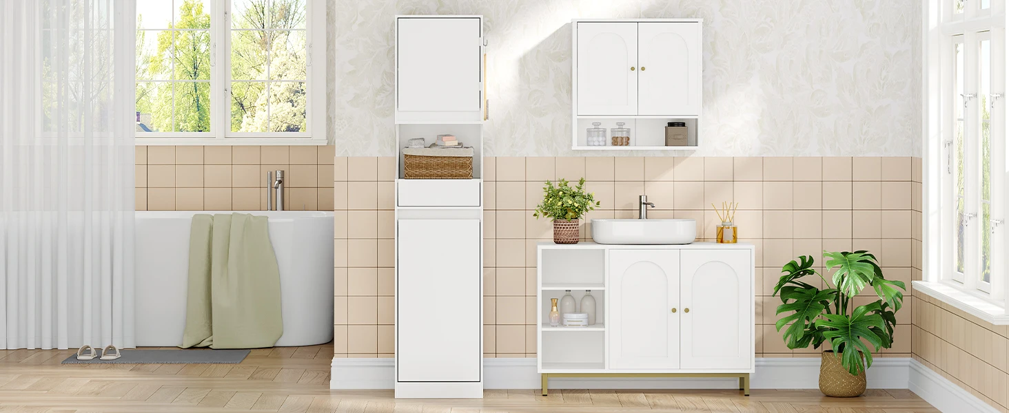 Bathroom Cabinet with Laundry Basket, Tall Bathroom Cabinet, Laundry Bag, with Foldable Laundry Basket, Door and Drawer