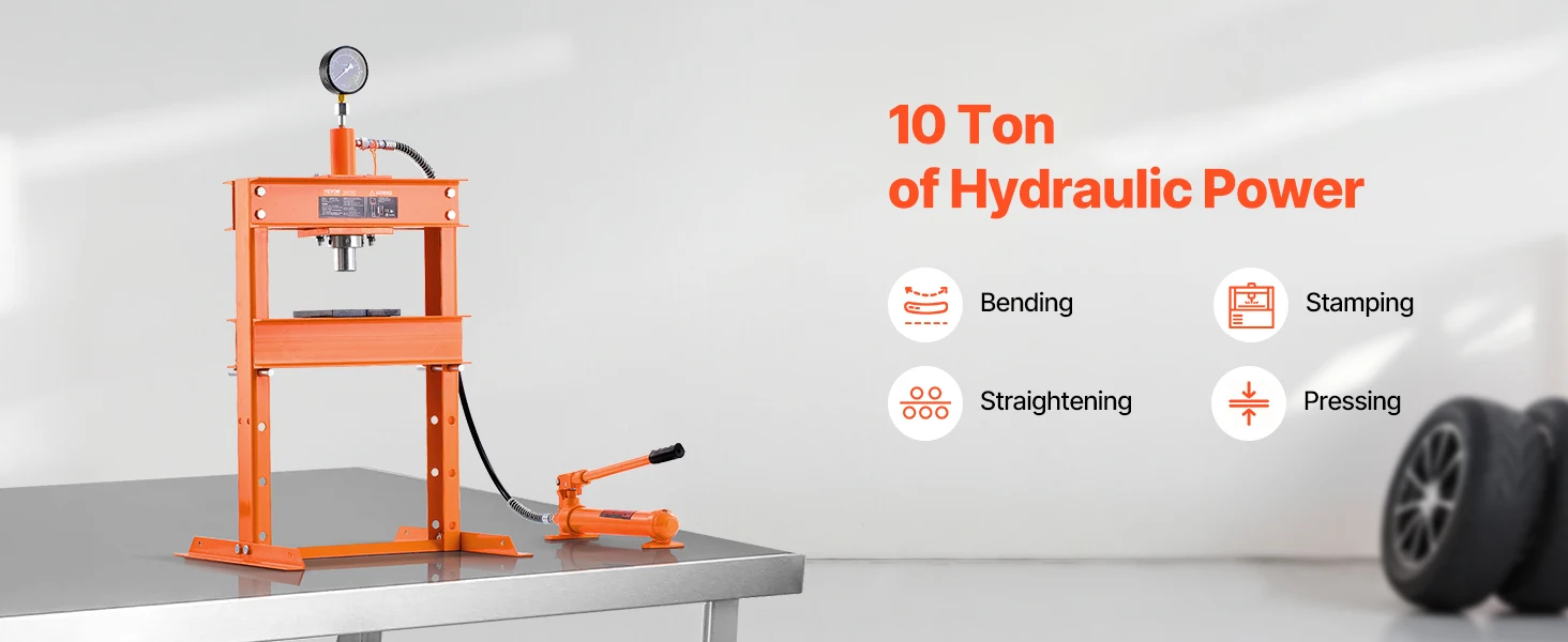 SucceBuy Hydraulic Shop Press 10T H-Frame Shop Press with Press Plate&H-shaped Base Adjustable Hydraulic Press Fit for Bending