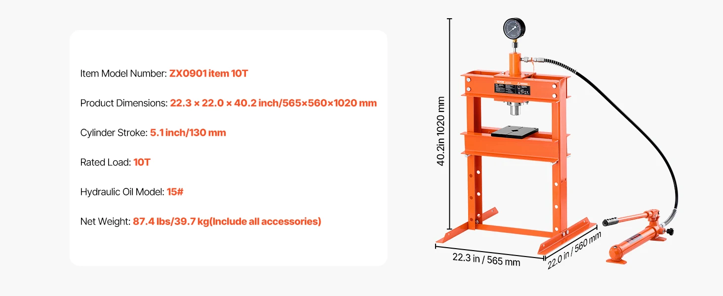 SucceBuy Hydraulic Shop Press 10T H-Frame Shop Press with Press Plate&H-shaped Base Adjustable Hydraulic Press Fit for Bending