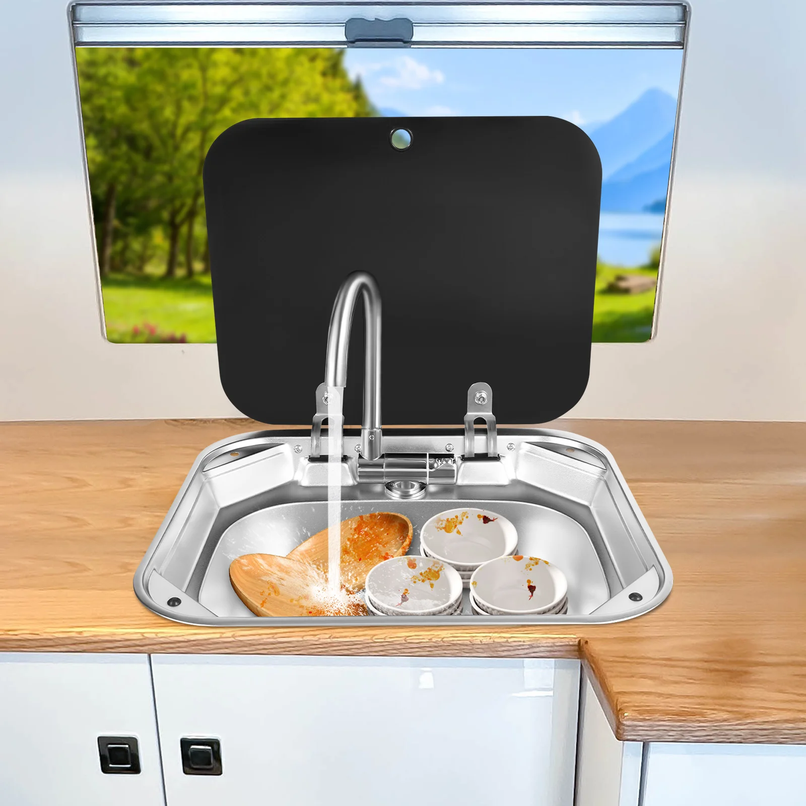RV Sink Caravan Sink, Camper Basin Bowl, Hand Wash Basin, with Stainless Steel Faucet Rectangular 41*36.5*16cm for RVs