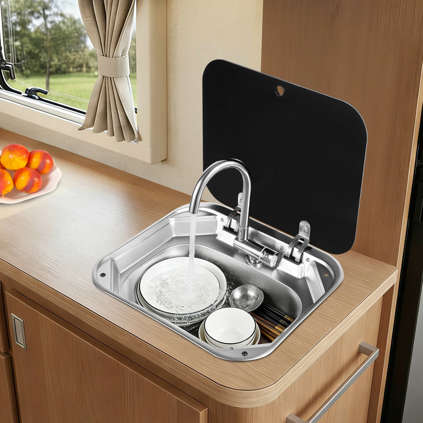 RV Sink Caravan Sink, Camper Basin Bowl, Hand Wash Basin, with Stainless Steel Faucet Rectangular 41*36.5*16cm for RVs