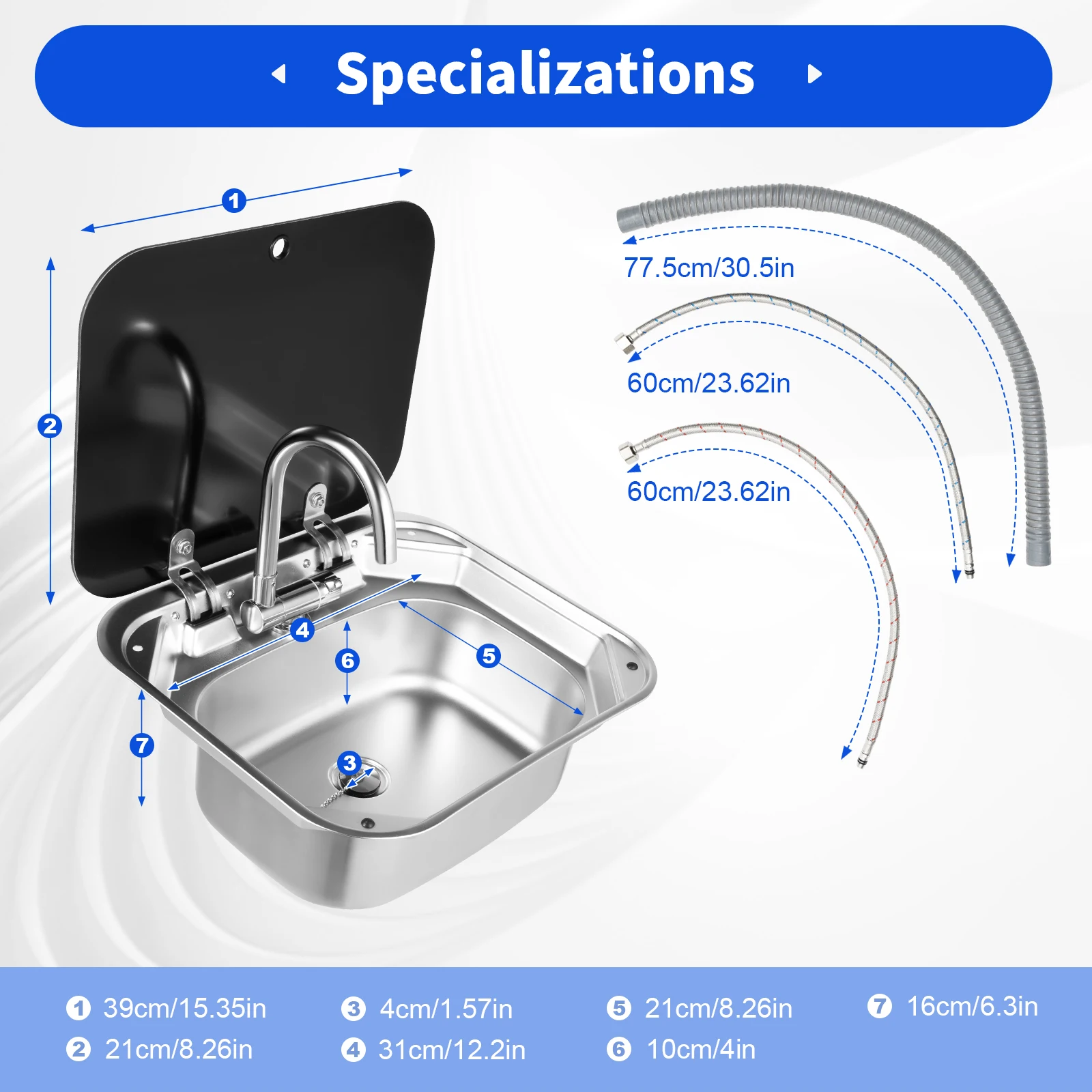 RV Sink Caravan Sink, Camper Basin Bowl, Hand Wash Basin, with Stainless Steel Faucet Rectangular 41*36.5*16cm for RVs