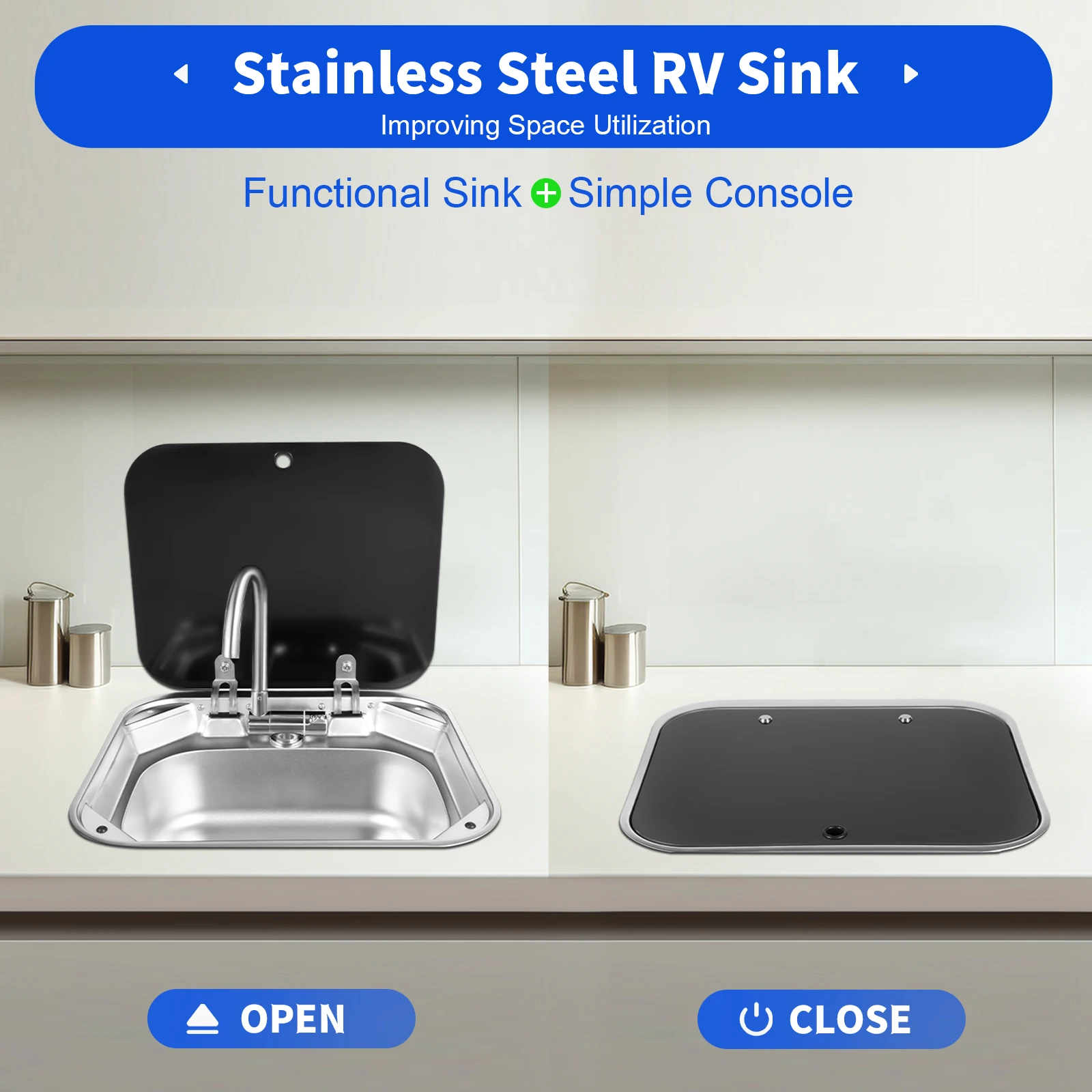 RV Sink Caravan Sink, Camper Basin Bowl, Hand Wash Basin, with Stainless Steel Faucet Rectangular 41*36.5*16cm for RVs