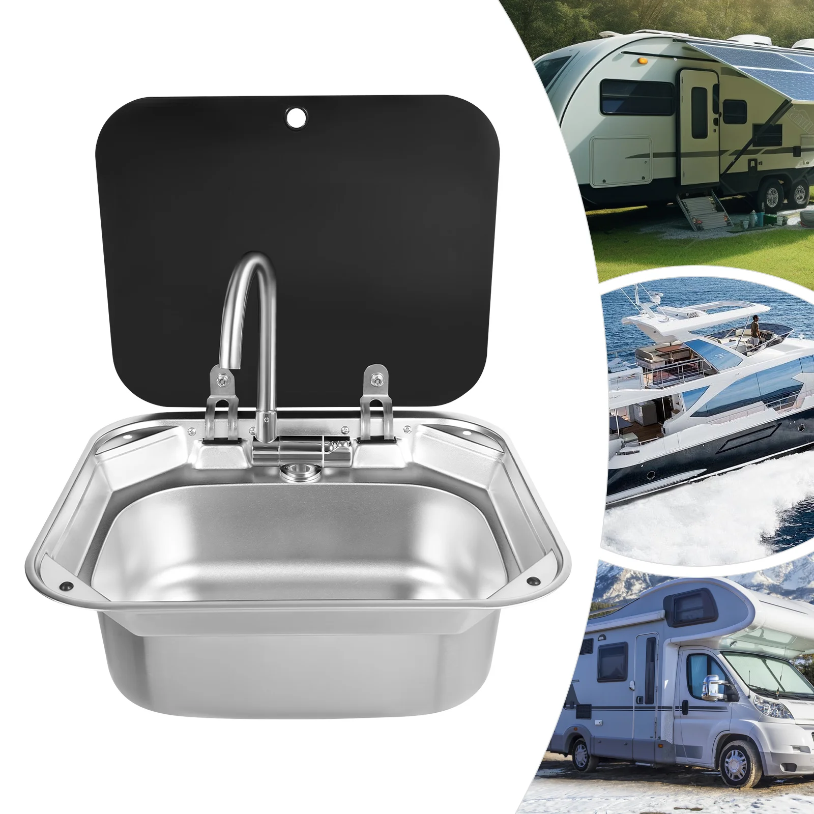 RV Sink Caravan Sink, Camper Basin Bowl, Hand Wash Basin, with Stainless Steel Faucet Rectangular 41*36.5*16cm for RVs