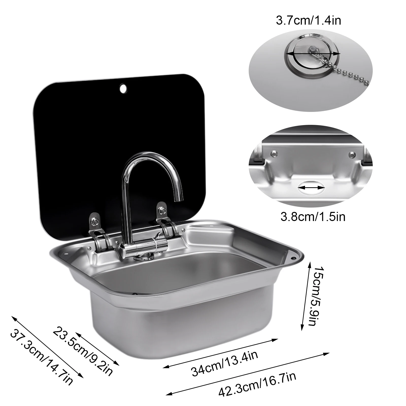 RV Sink Caravan Sink, Camper Basin Bowl, Hand Wash Basin, with Stainless Steel Faucet Rectangular 41*36.5*16cm for RVs