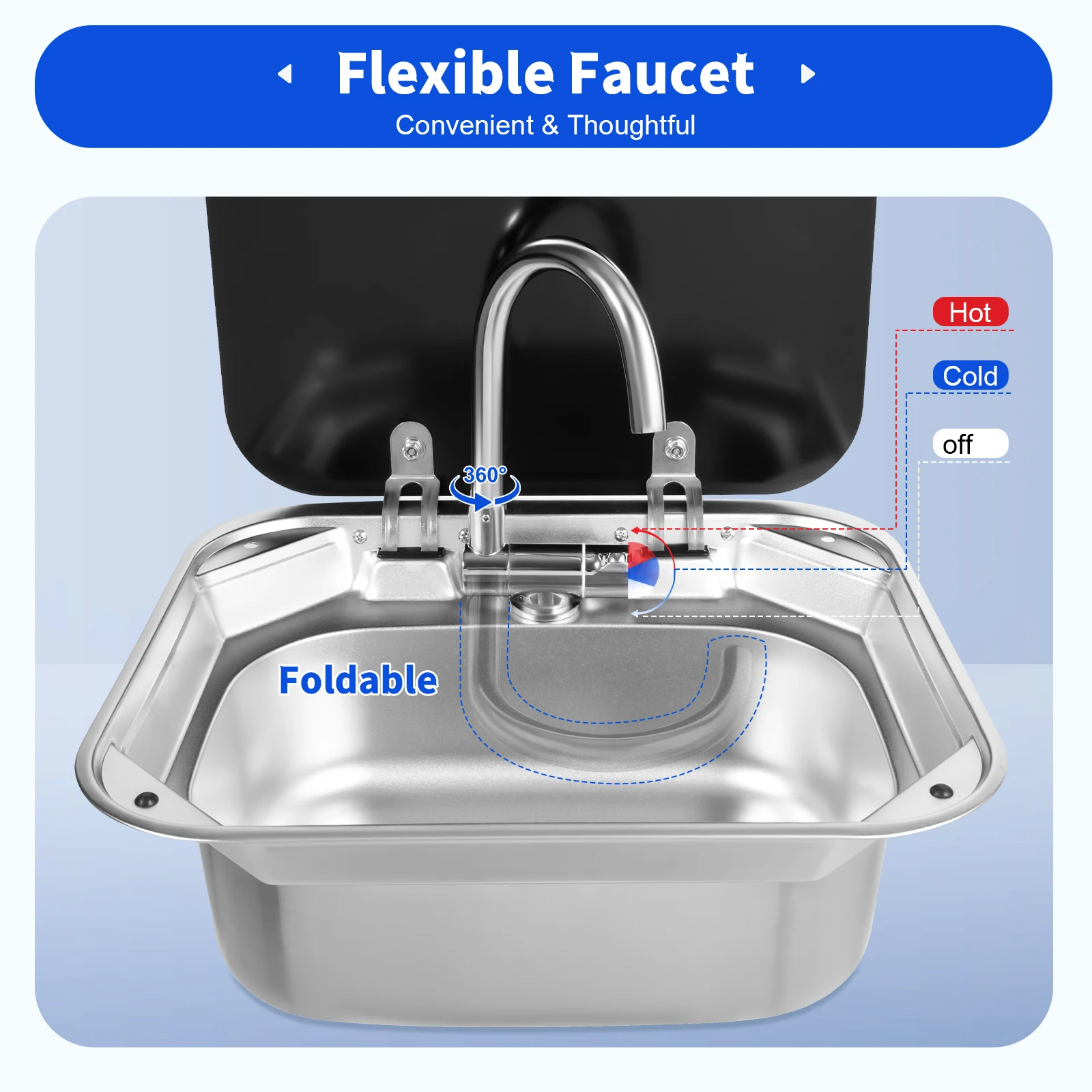 RV Sink Caravan Sink, Camper Basin Bowl, Hand Wash Basin, with Stainless Steel Faucet Rectangular 41*36.5*16cm for RVs